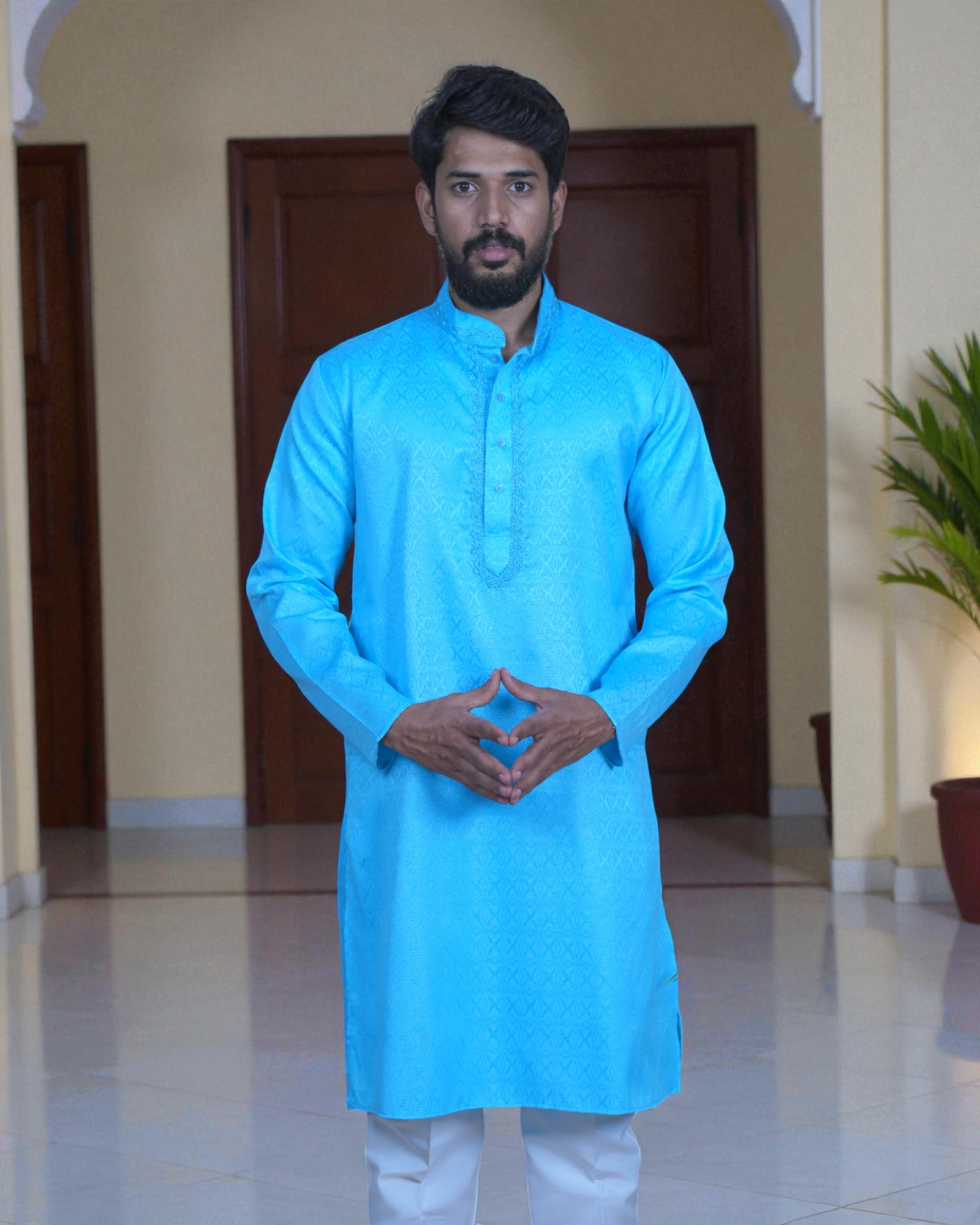 Cotton Blend Thread Embroidered Kurta Pajama Set