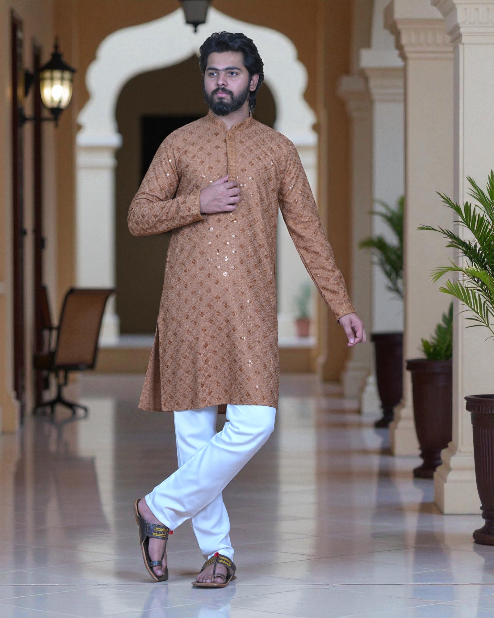 Block Print Sequin Embroidered Cotton Kurta Pajama