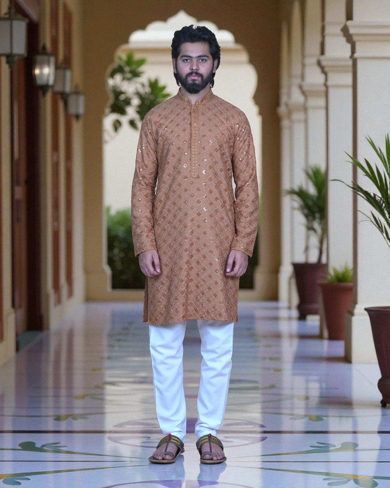 Block Print Sequin Embroidered Cotton Kurta Pajama