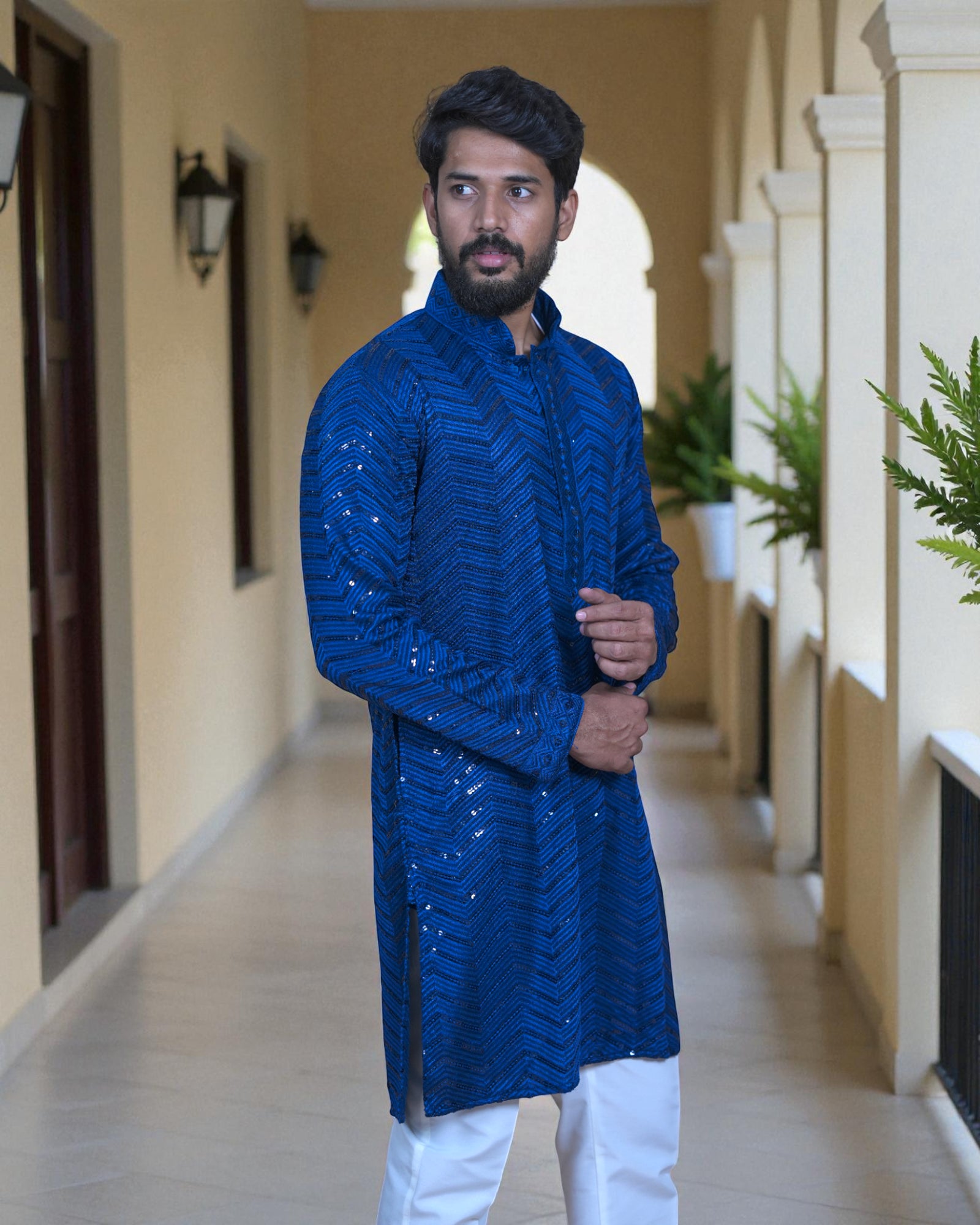 Cotton Blend Kurta Pajama with Embroidery