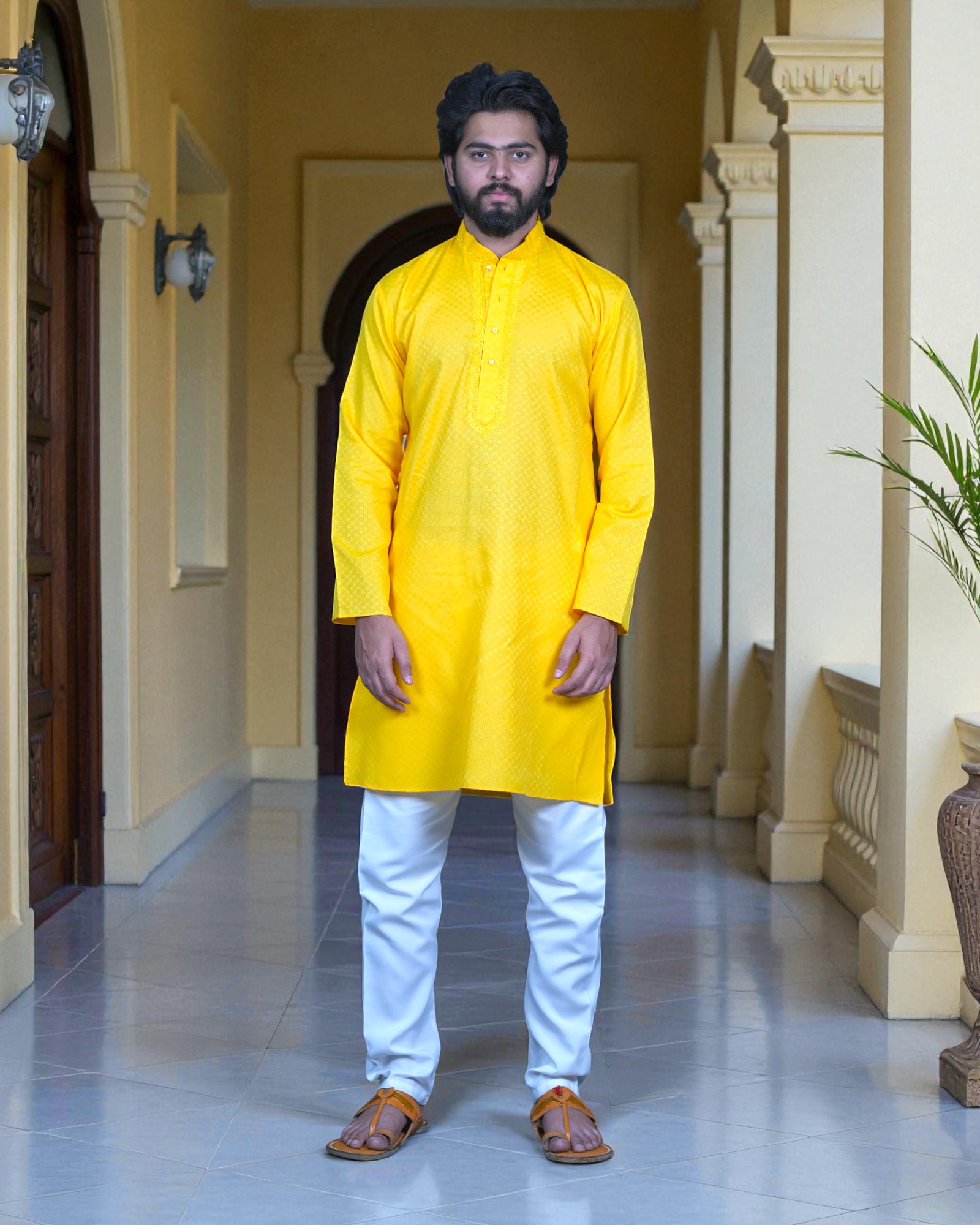 Men Textured Cotton Kurta Pajama Set