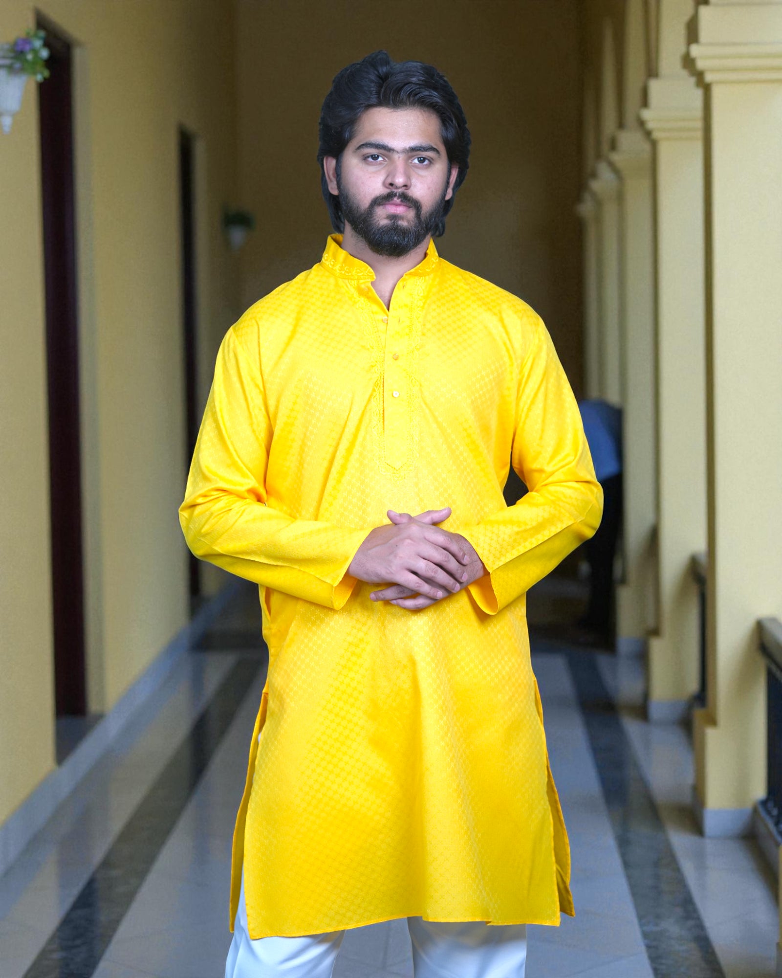 Men Textured Cotton Kurta Pajama Set