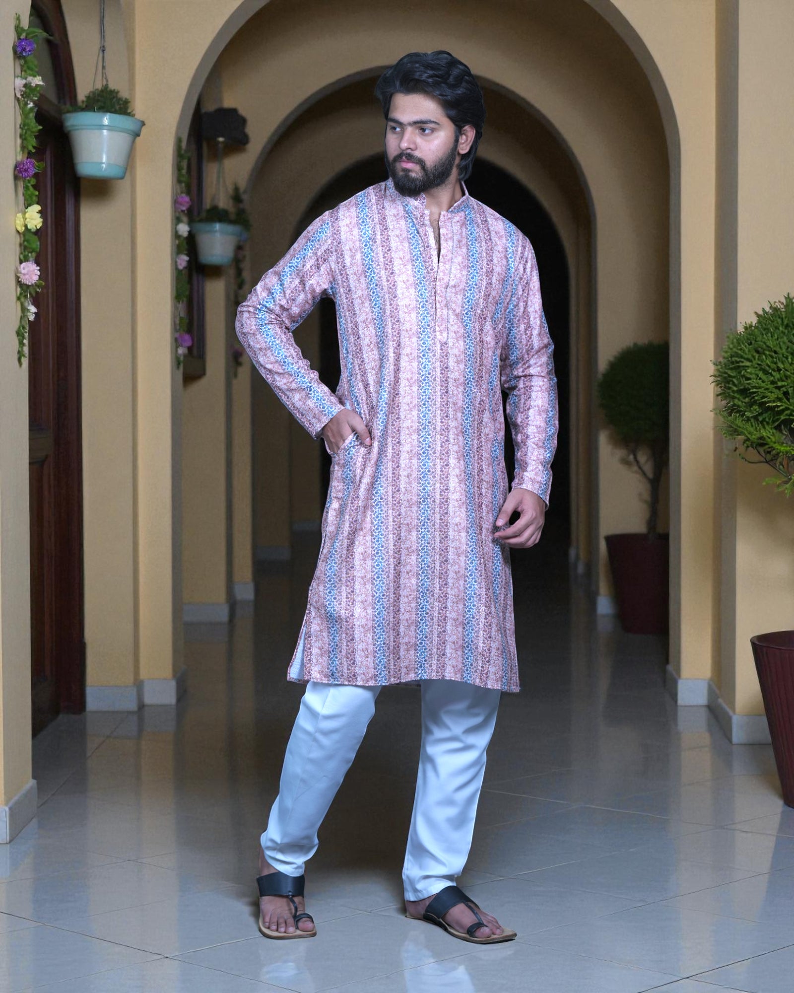 Floral Printed Cotton Sequins Kurta Pajama Set