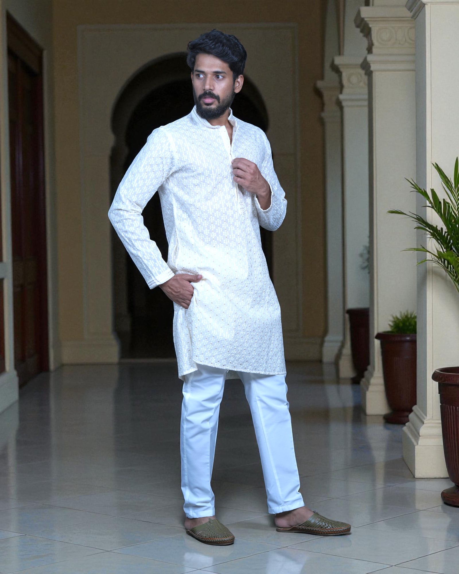 Cotton Blend Sequins Embroidered Kurta Pajama Set
