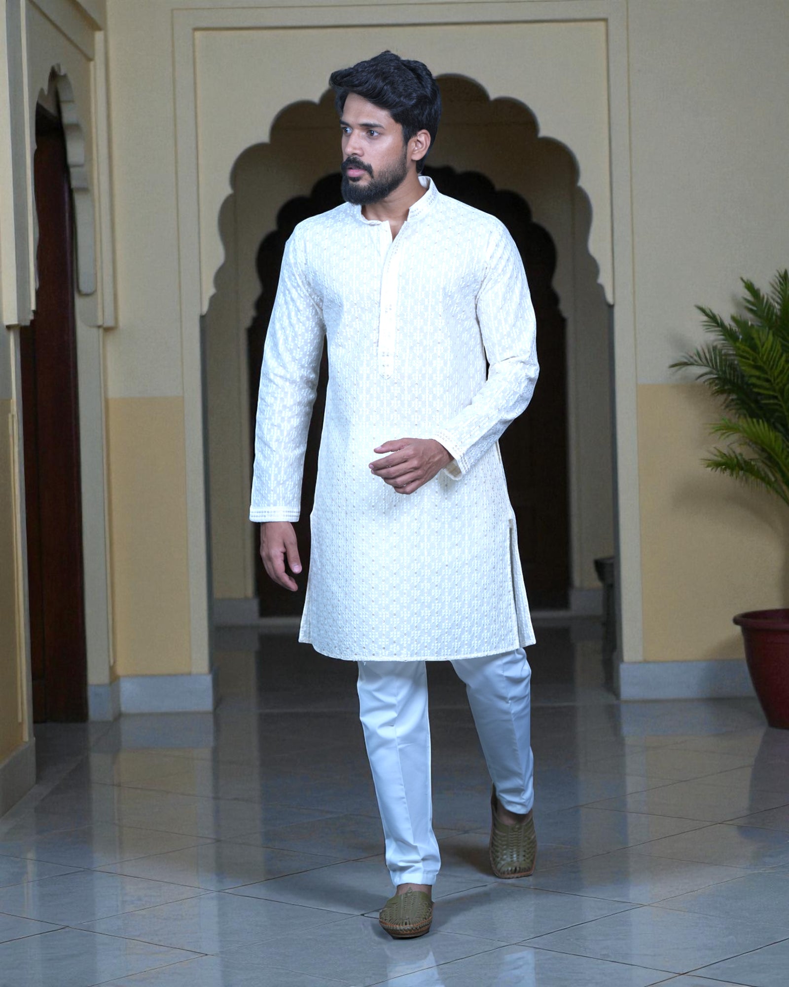 Cotton Blend Sequins Embroidered Kurta Pajama Set