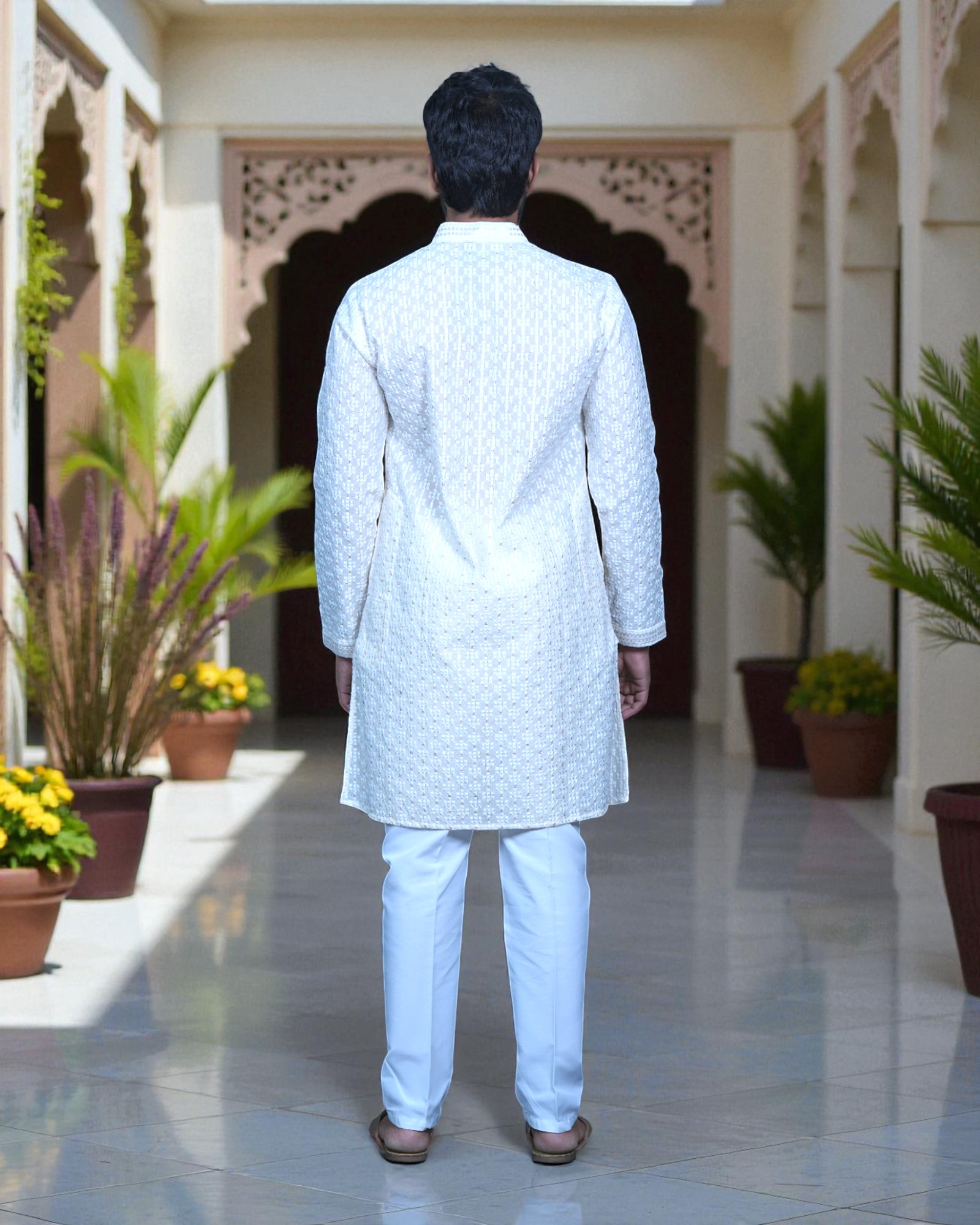 Cotton Blend Sequins Embroidered Kurta Pajama Set