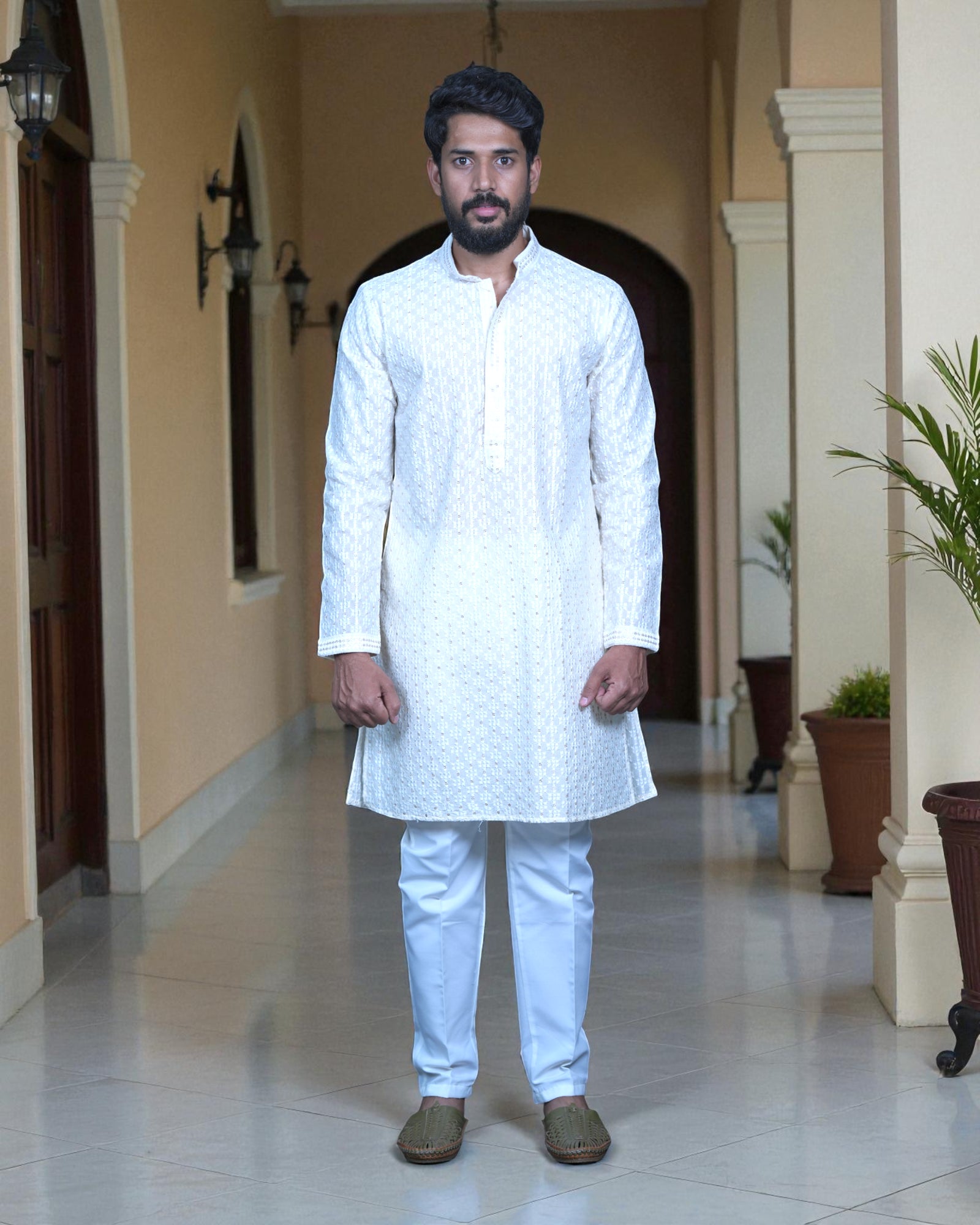Cotton Blend Sequins Embroidered Kurta Pajama Set