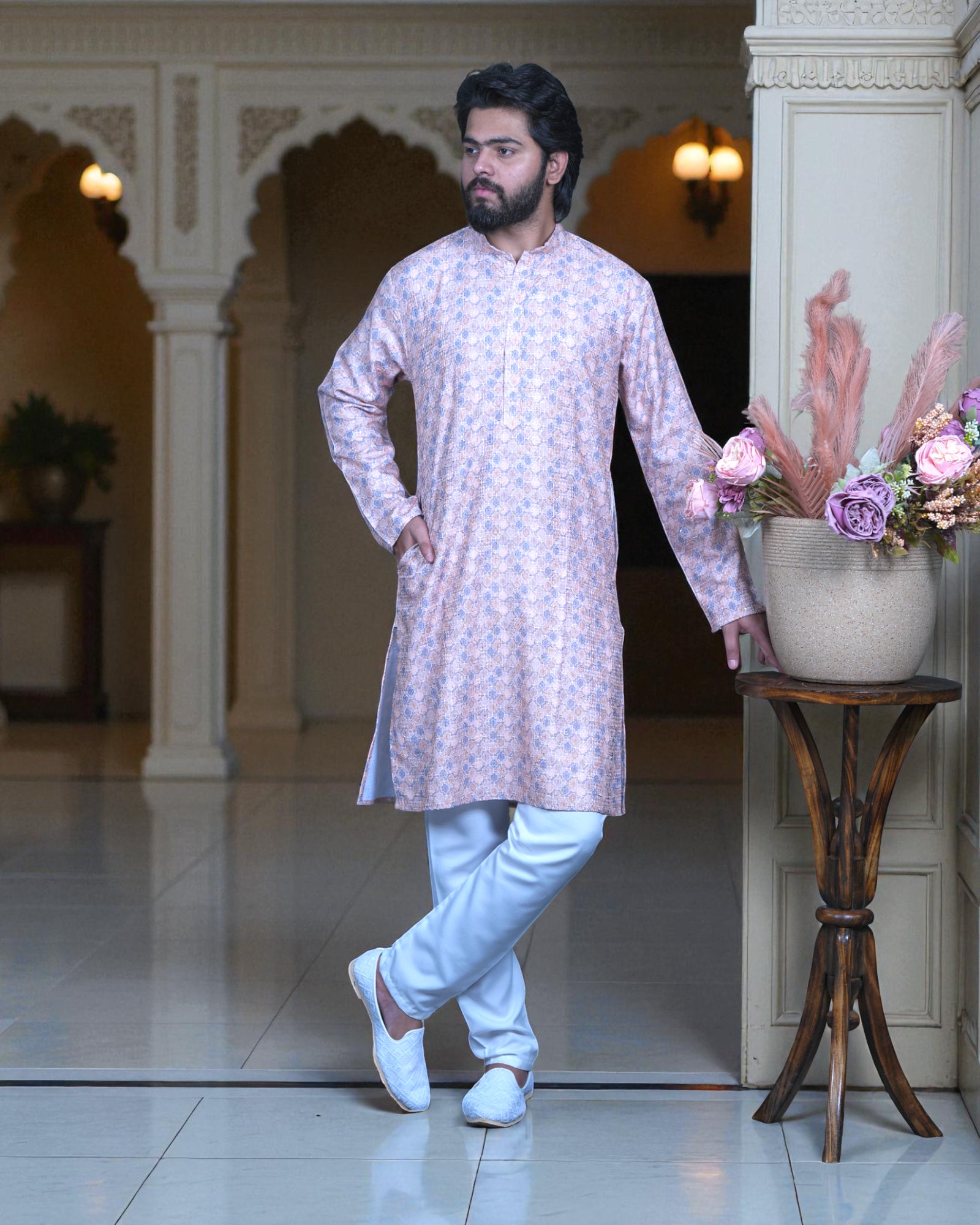 Block Print Cotton Kurta Pajama Set With Sequins