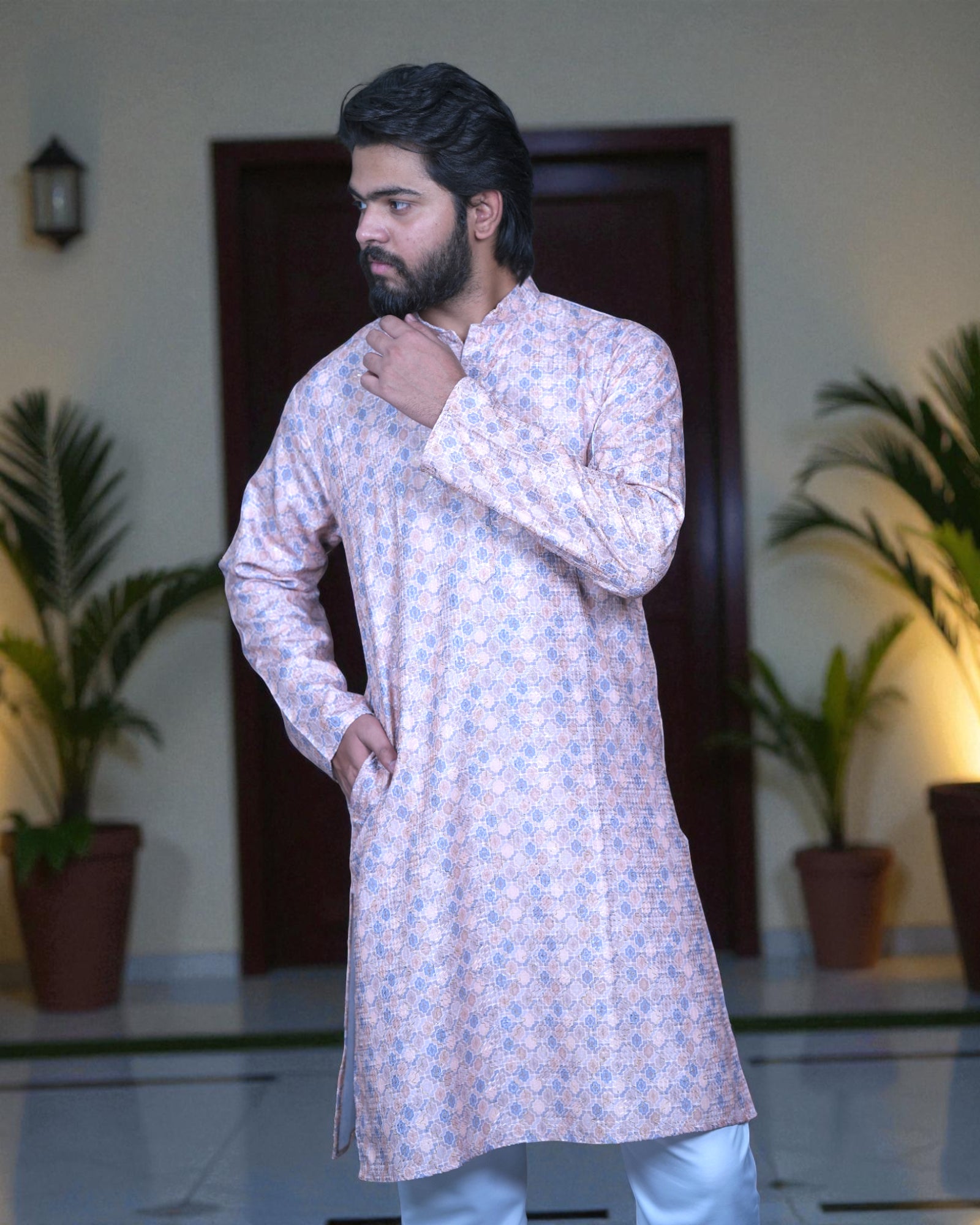 Block Print Cotton Kurta Pajama Set With Sequins