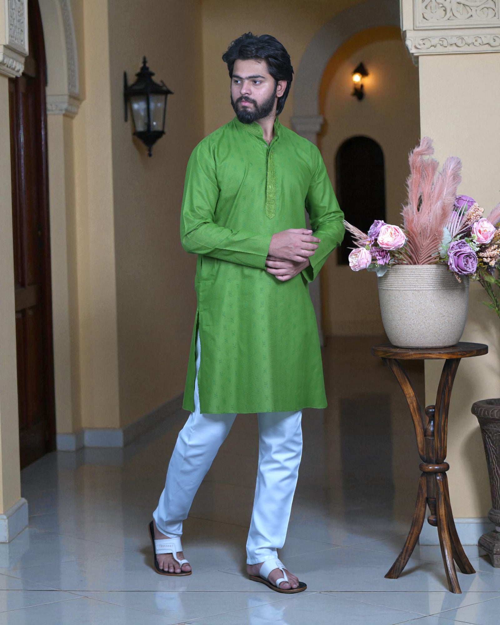 Cotton Thread Embroidered Men Kurta Pajama Set