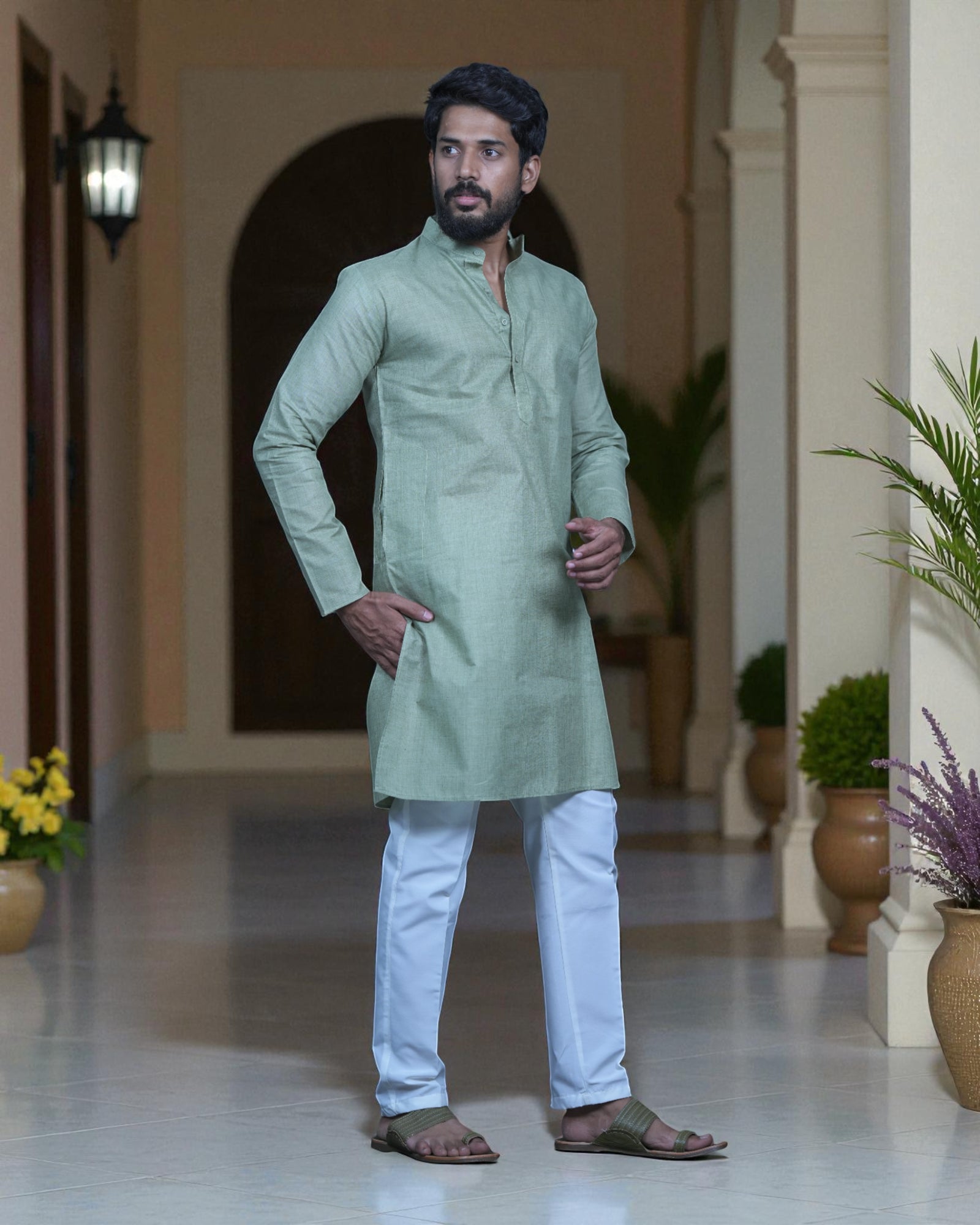 Blue Cotton Plain Kurta Pajama Set