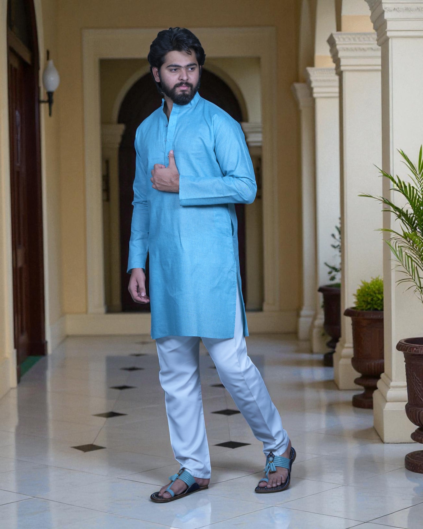 Blue Cotton Plain Kurta Pajama Set