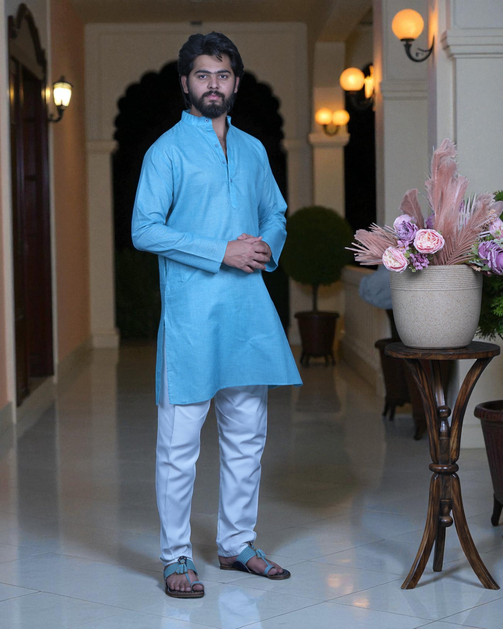 Blue Cotton Plain Kurta Pajama Set