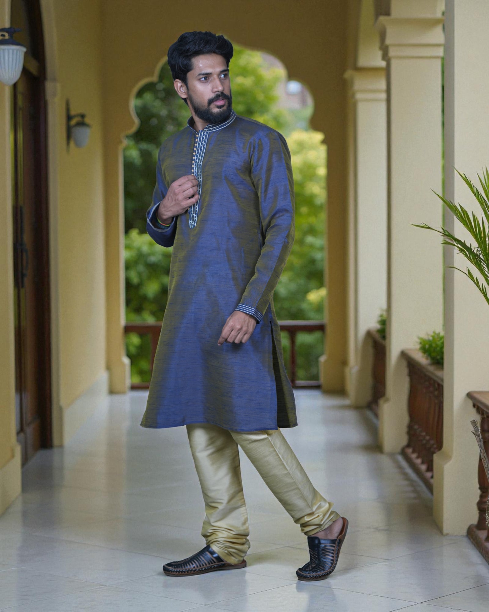 Tusser Silk Khadi Embroidered Kurta Pajama Set
