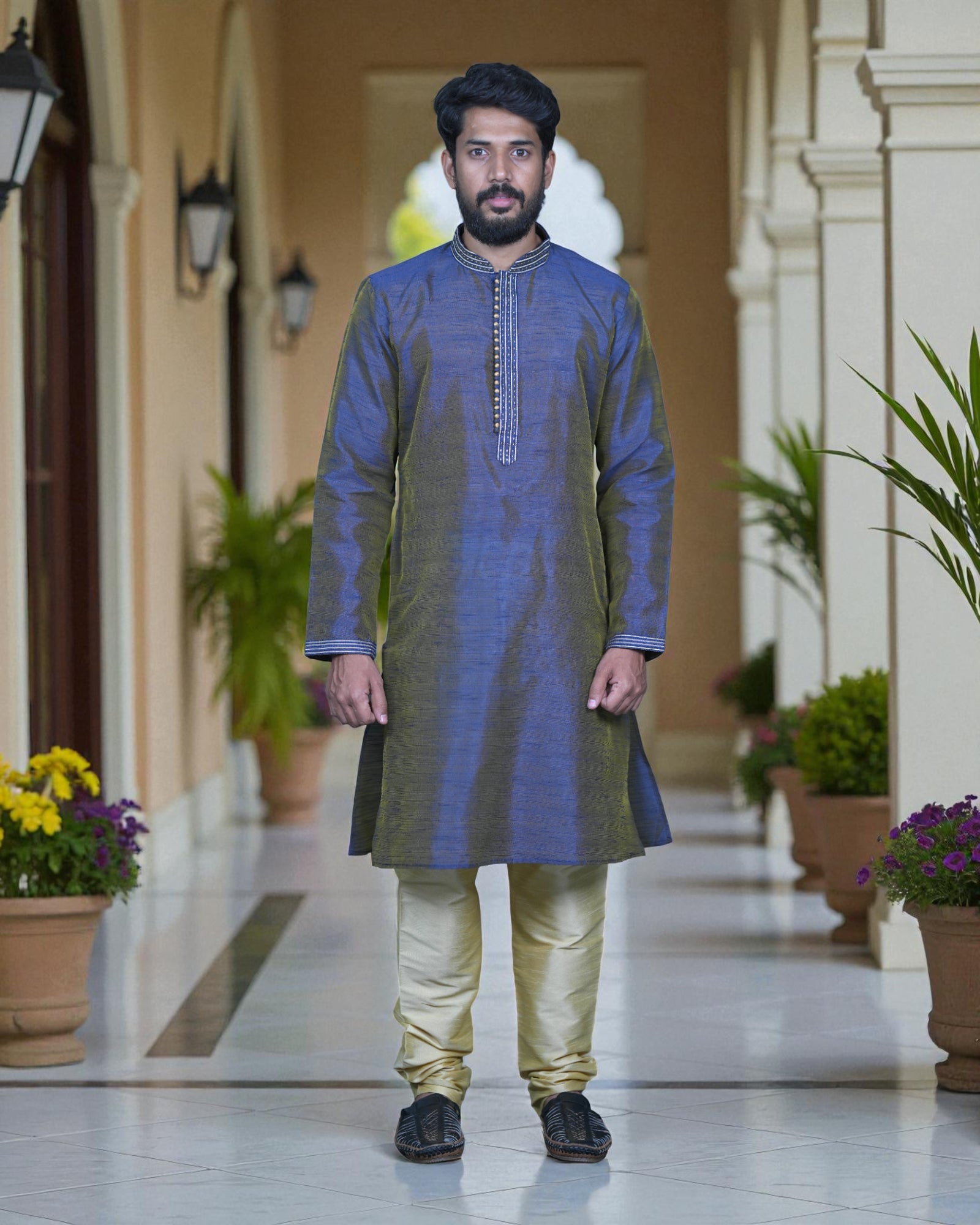 Tusser Silk Khadi Embroidered Kurta Pajama Set