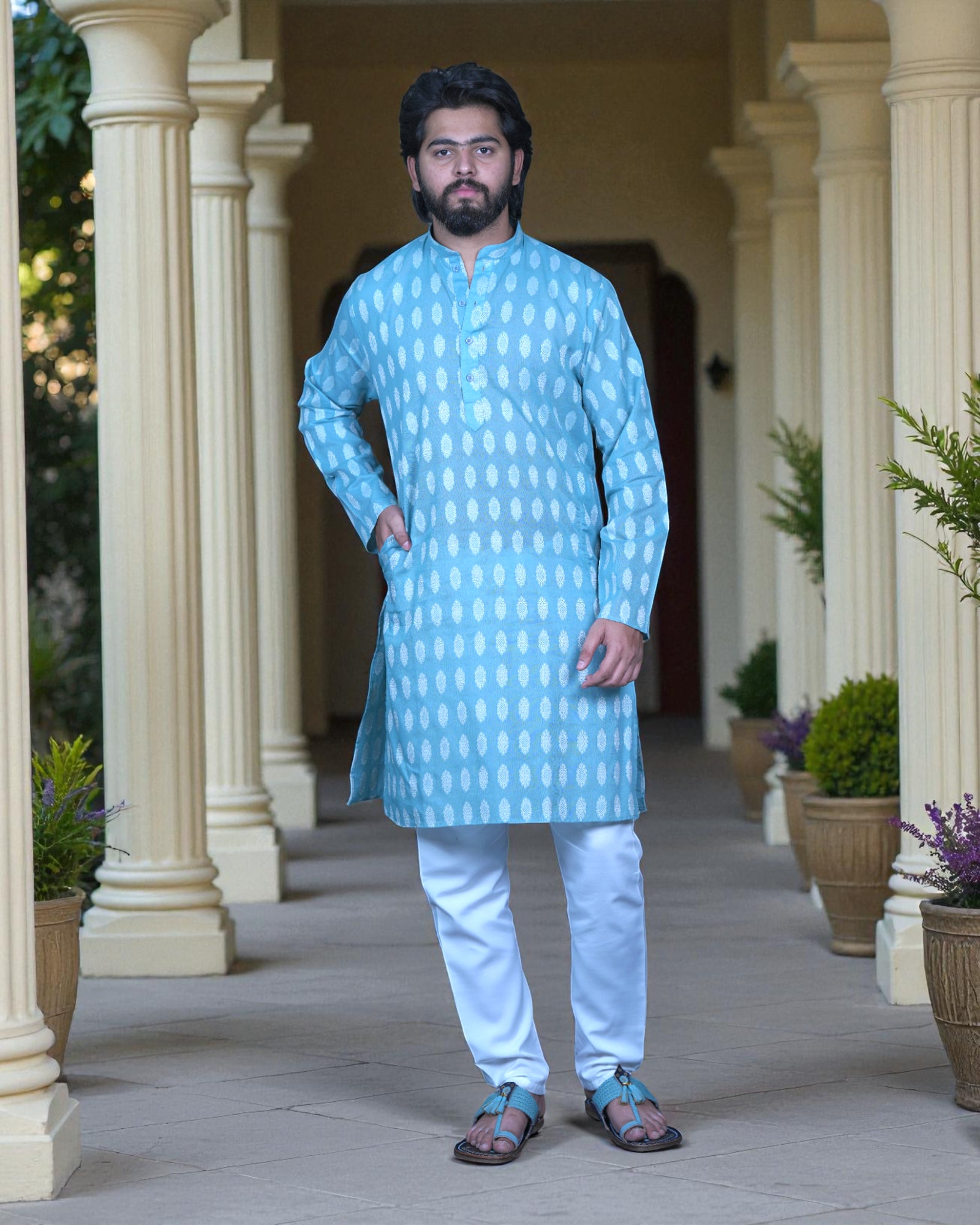 Cotton Blend Embroidered Kurta Pajama Set
