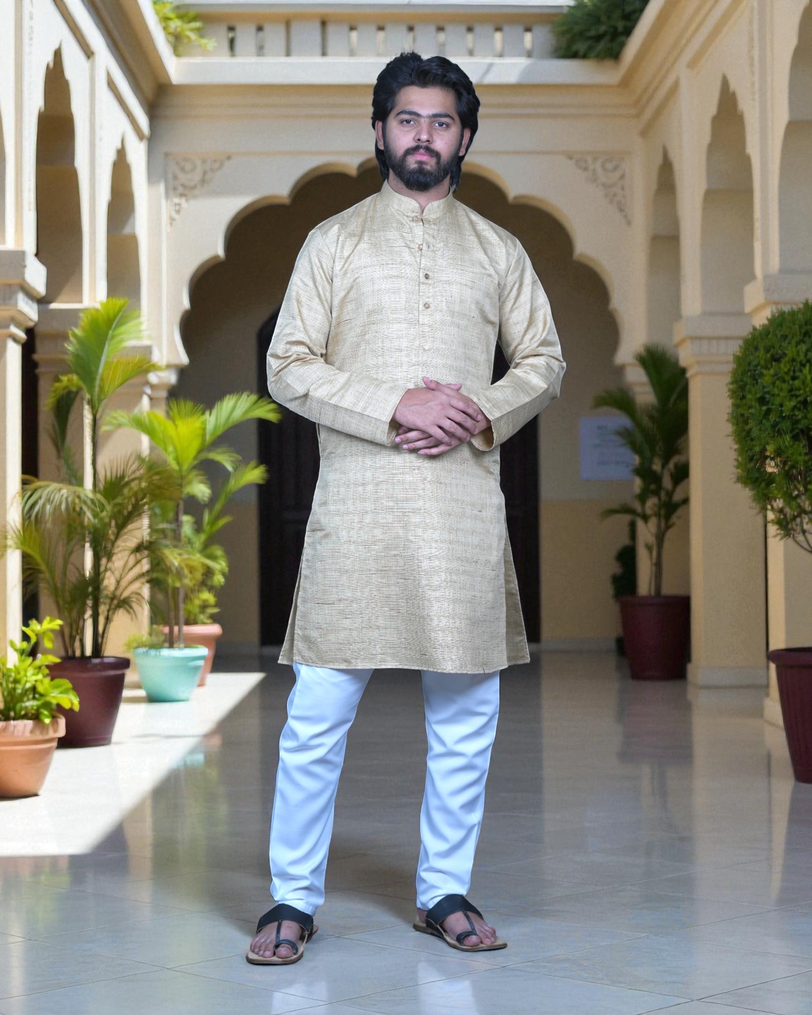 Khadi Cotton Blend Textured Kurta Pajama Set