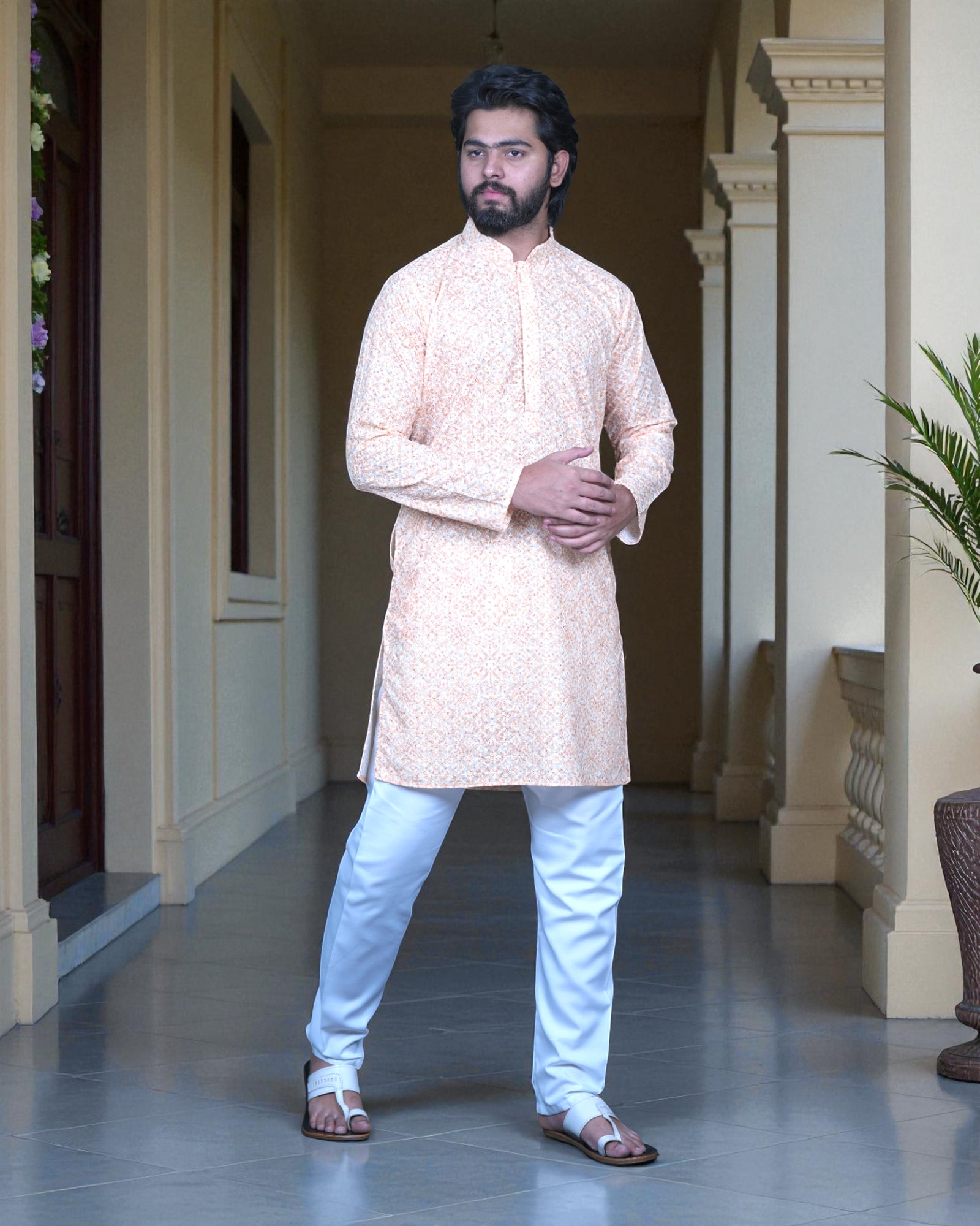 Floral Embroidered Cotton Kurta Pajama Set