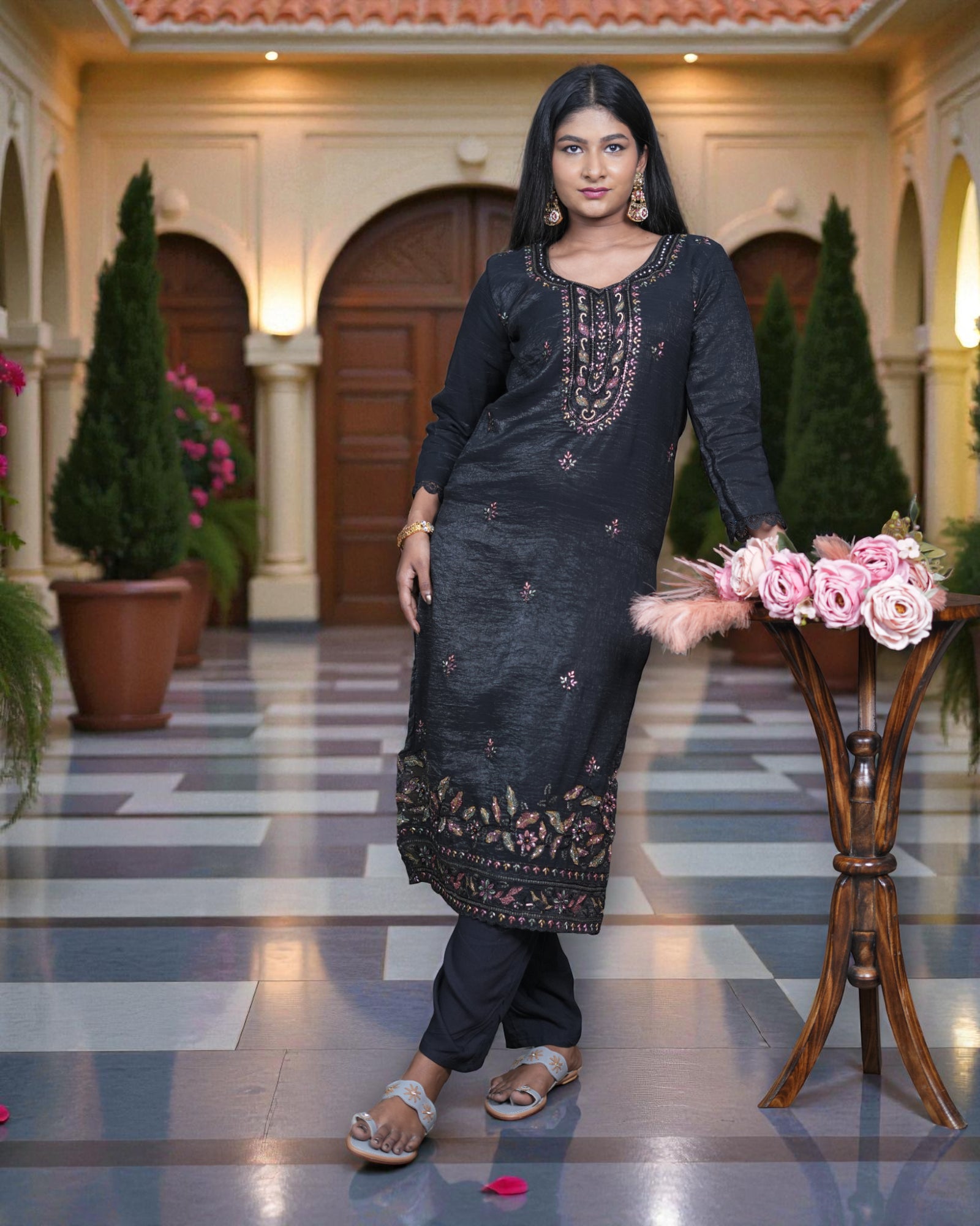 Silk Embroidered Crush Kurta Set