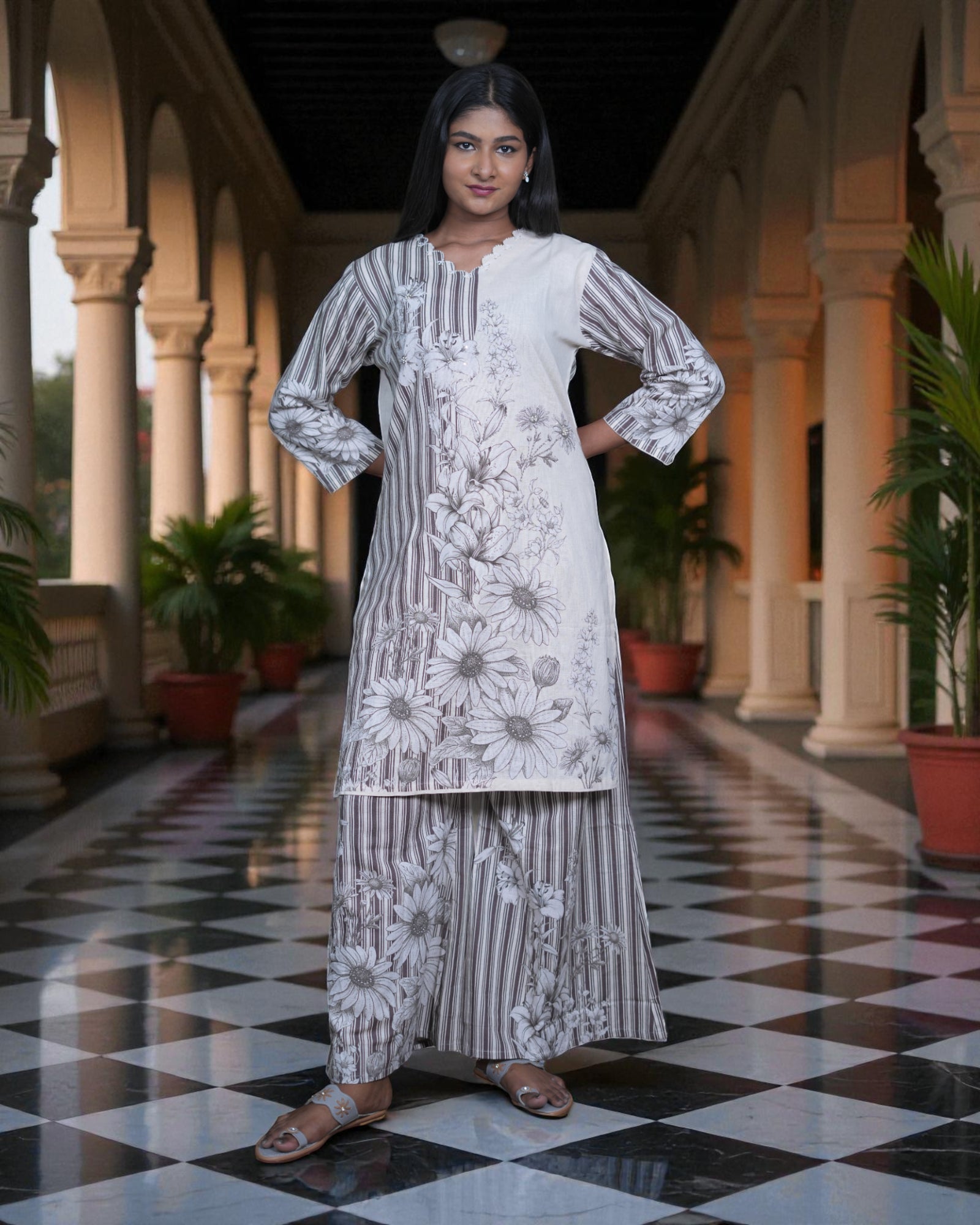 Floral Printed Kadhi Cotton Co-Ord Set