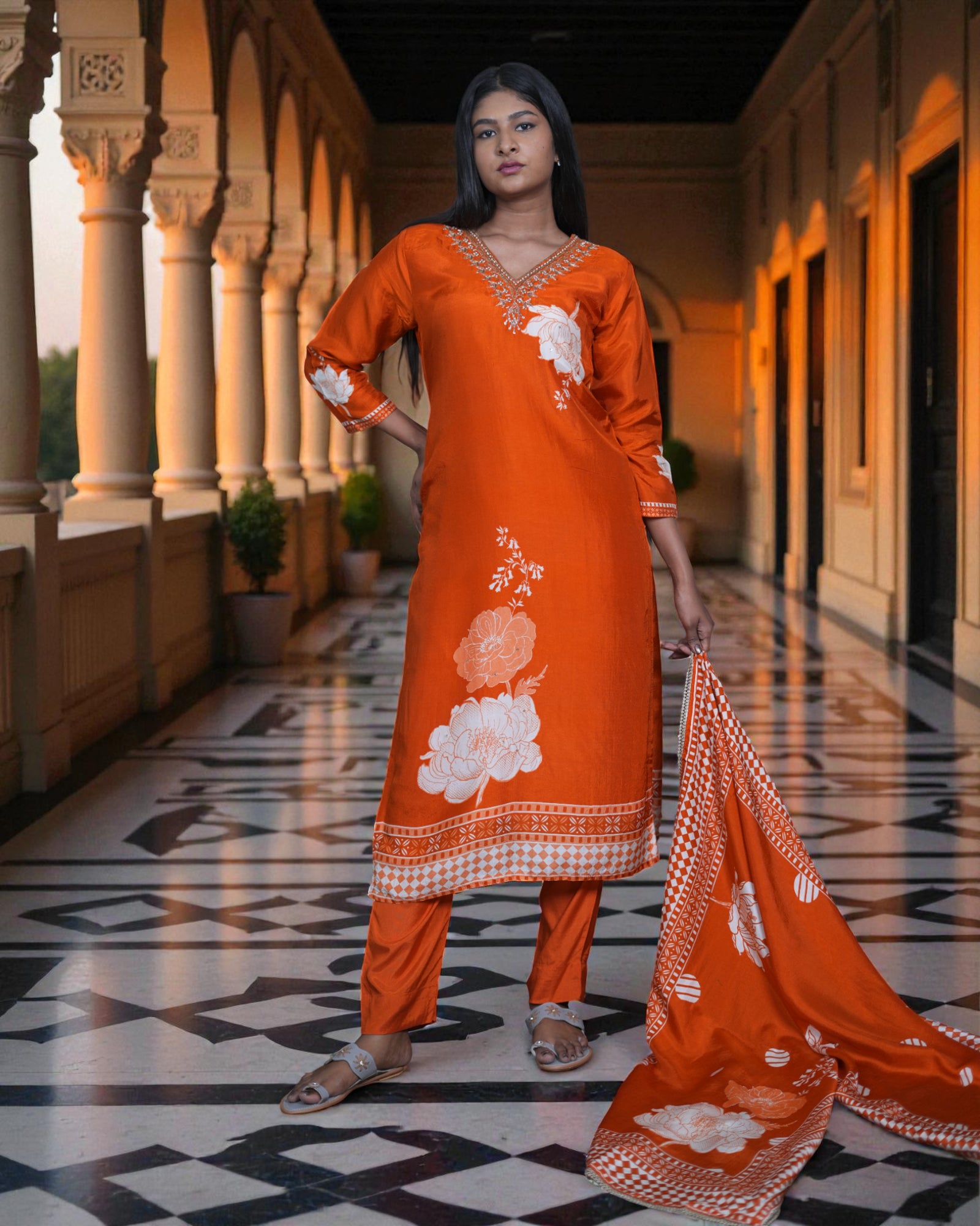 Floral Zardozi Embroidered Cotton Kurta Set