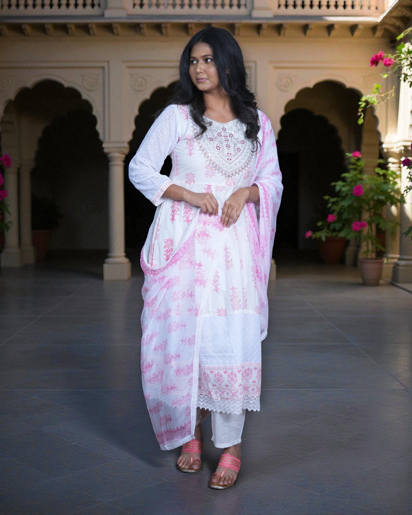 Floral Cotton Anarkali With Embroidery