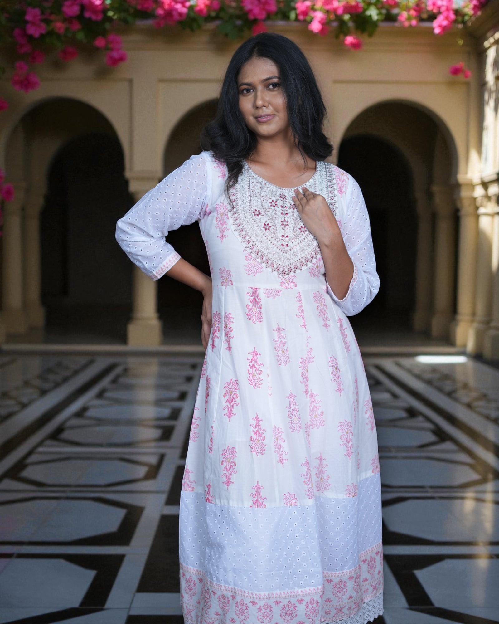 Floral Cotton Anarkali With Embroidery