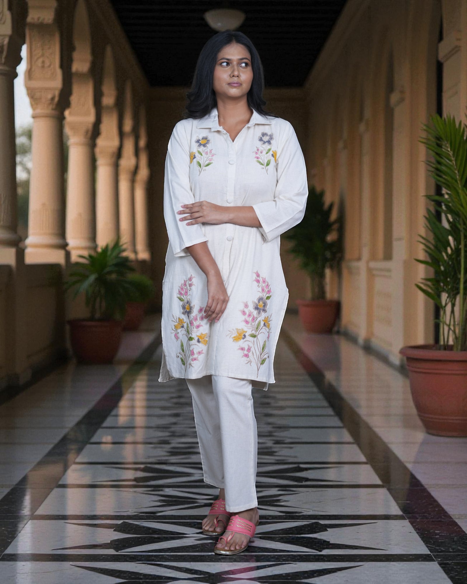 Embroidered Cotton Trousers Co-Ord Set