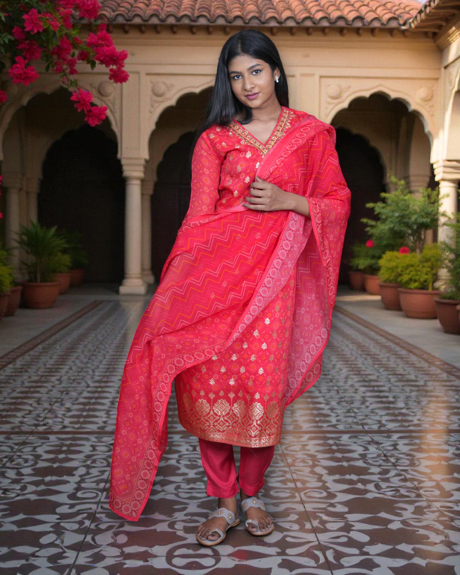 Bandhani Silk Crepe Kurta Set