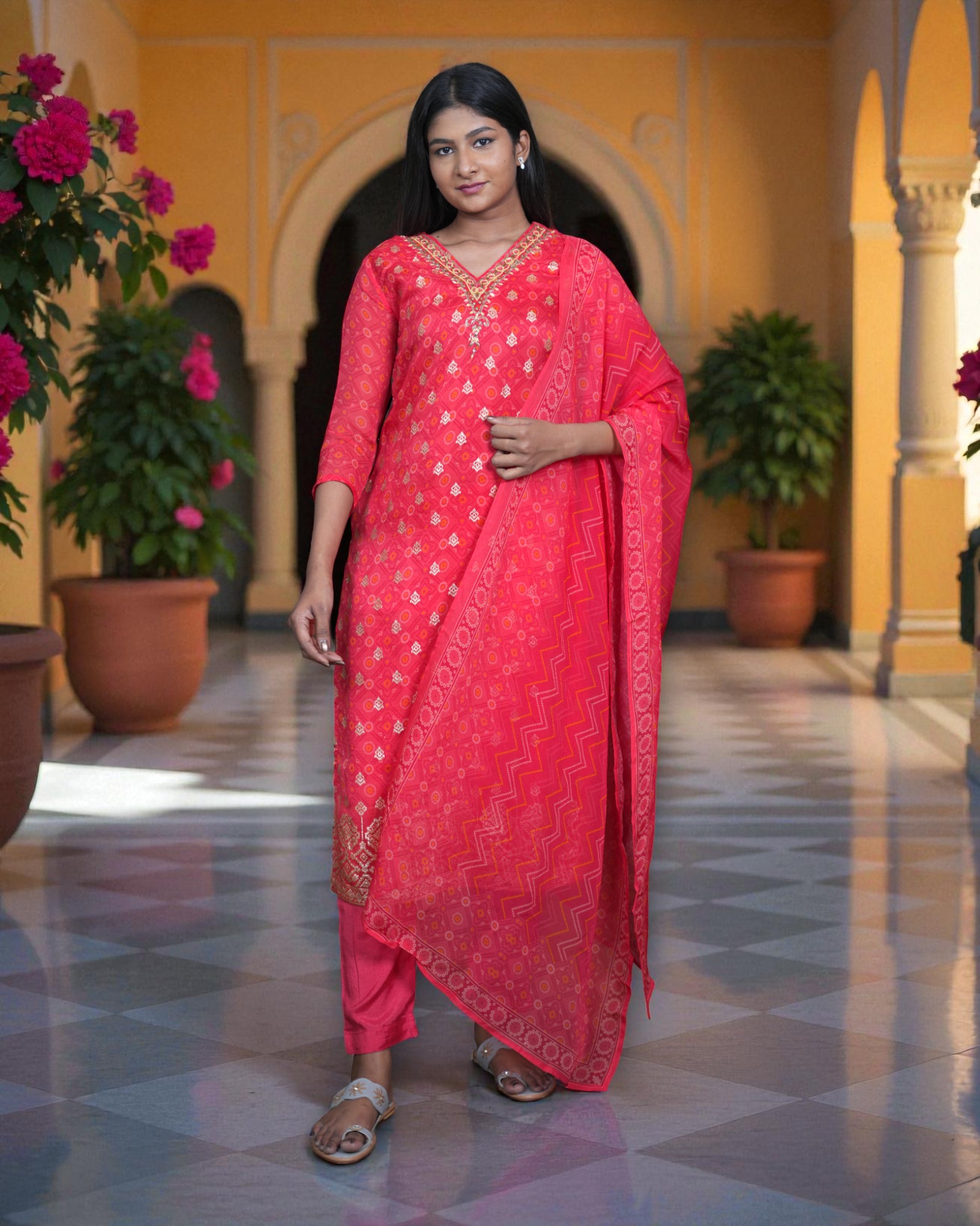 Bandhani Silk Crepe Kurta Set