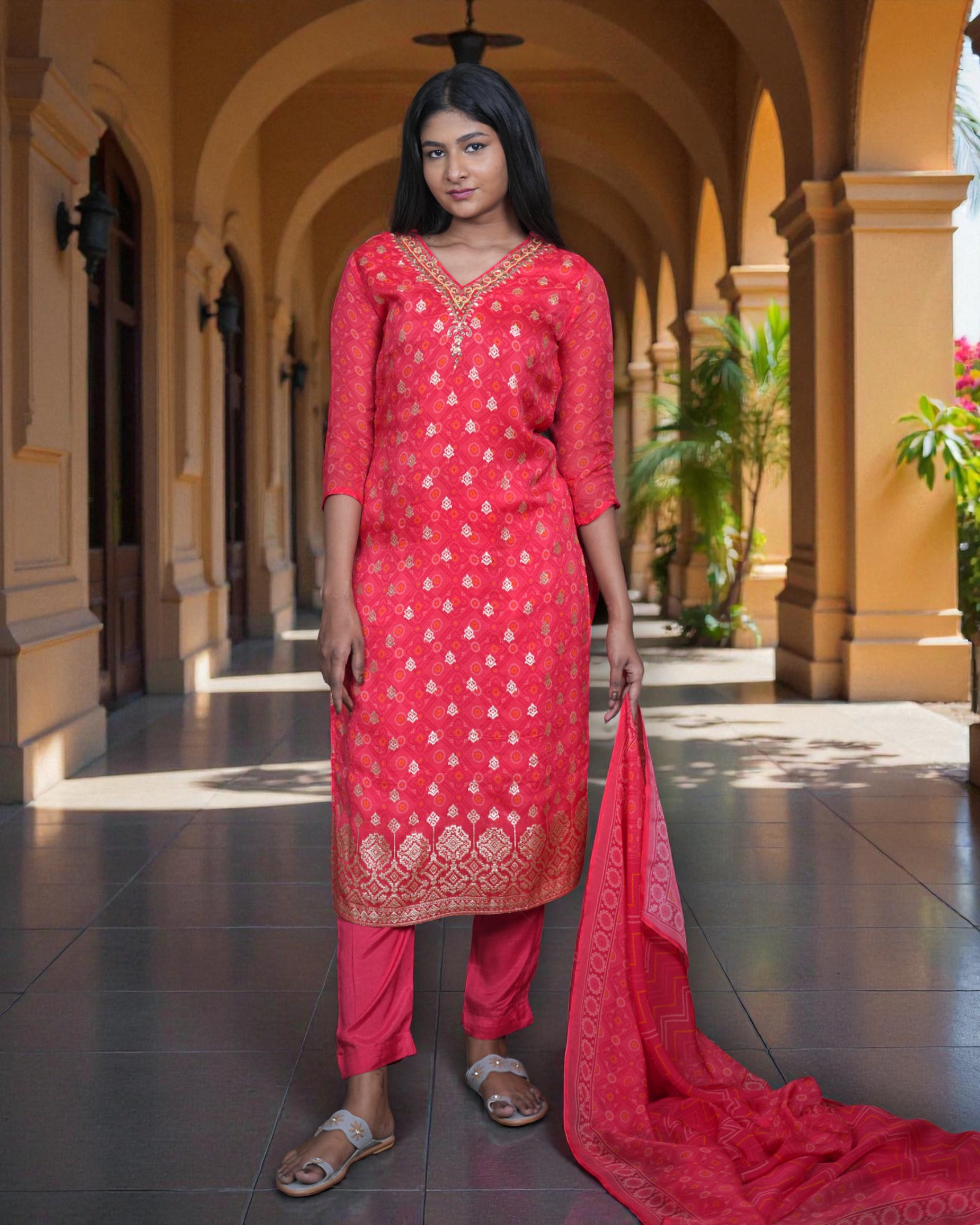 Bandhani Silk Crepe Kurta Set