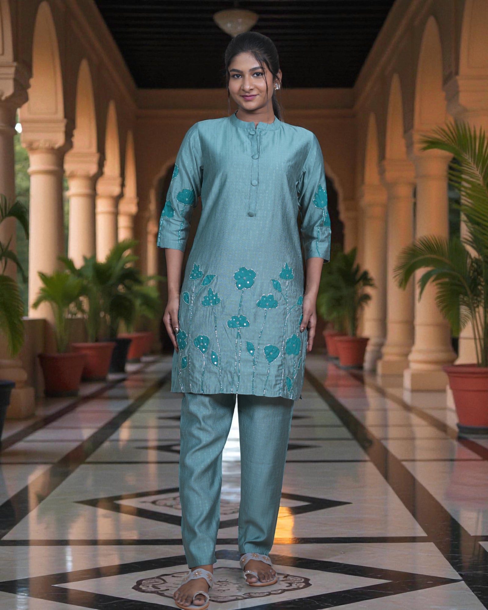 Ivory Chanderi Silk Printed Saree Set