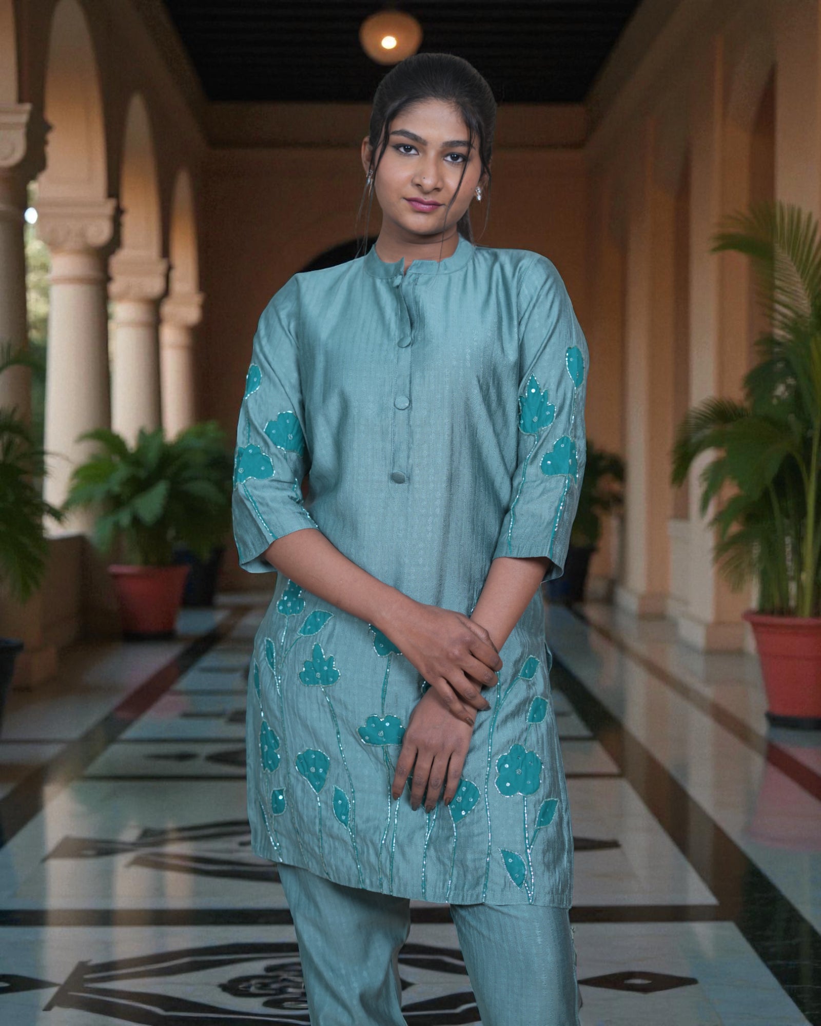 Ivory Chanderi Silk Printed Saree Set