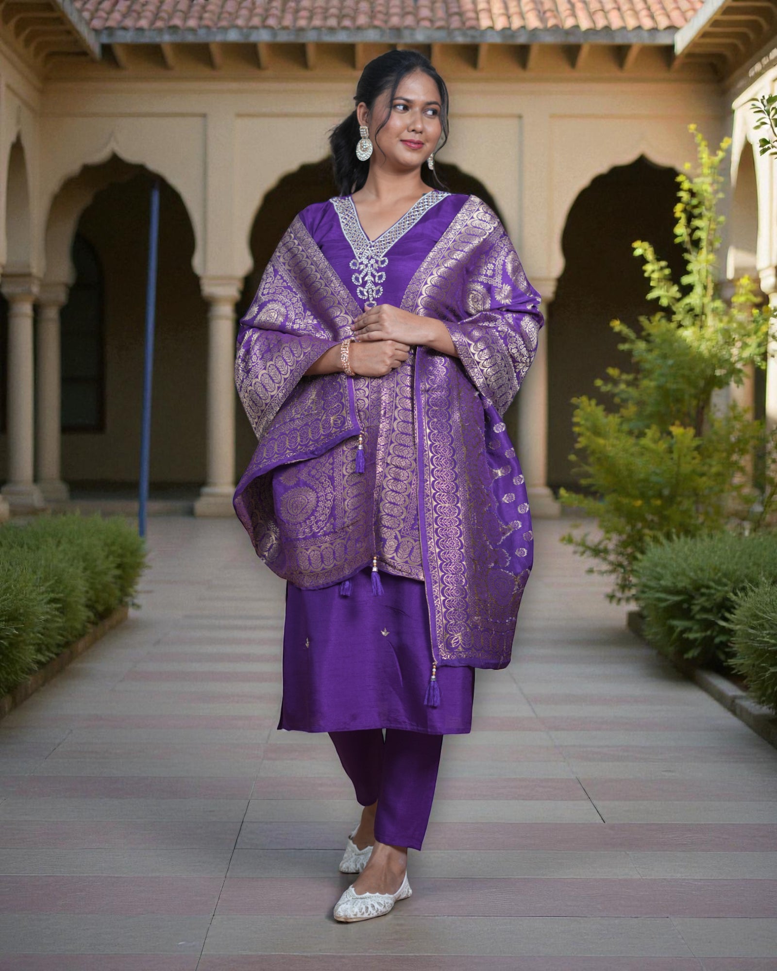 Silk V Neck Kurta Set with Banarasi Dupatta