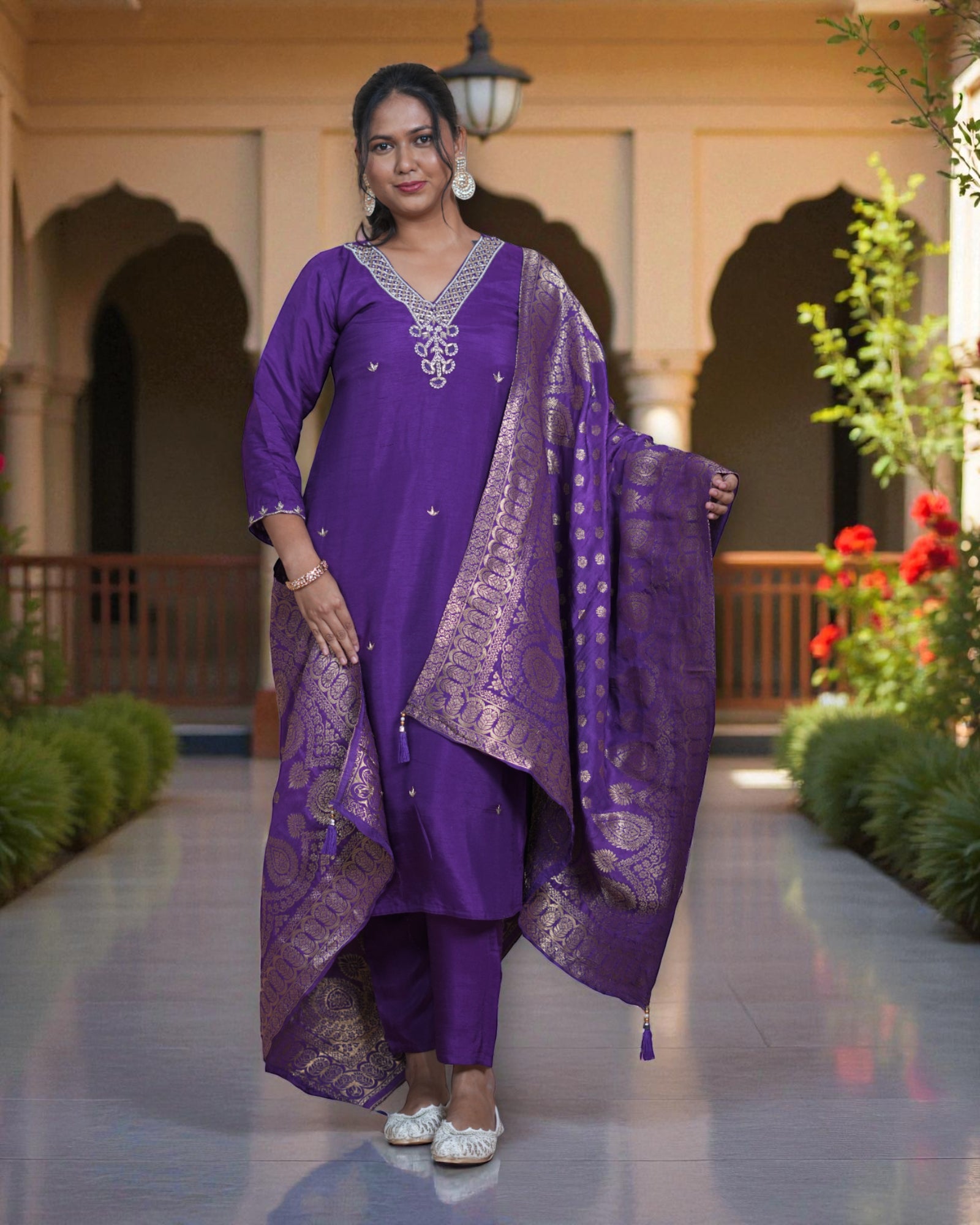 Silk V Neck Kurta Set with Banarasi Dupatta