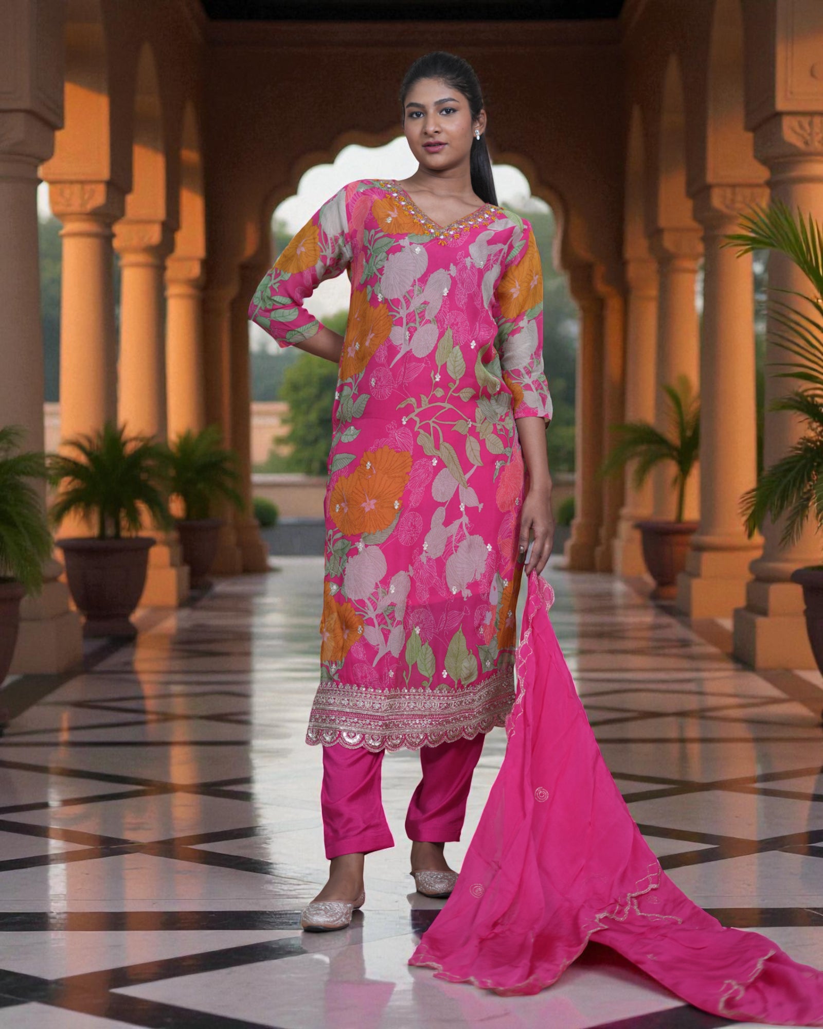 Floral Silk Embroidered Kurta Set