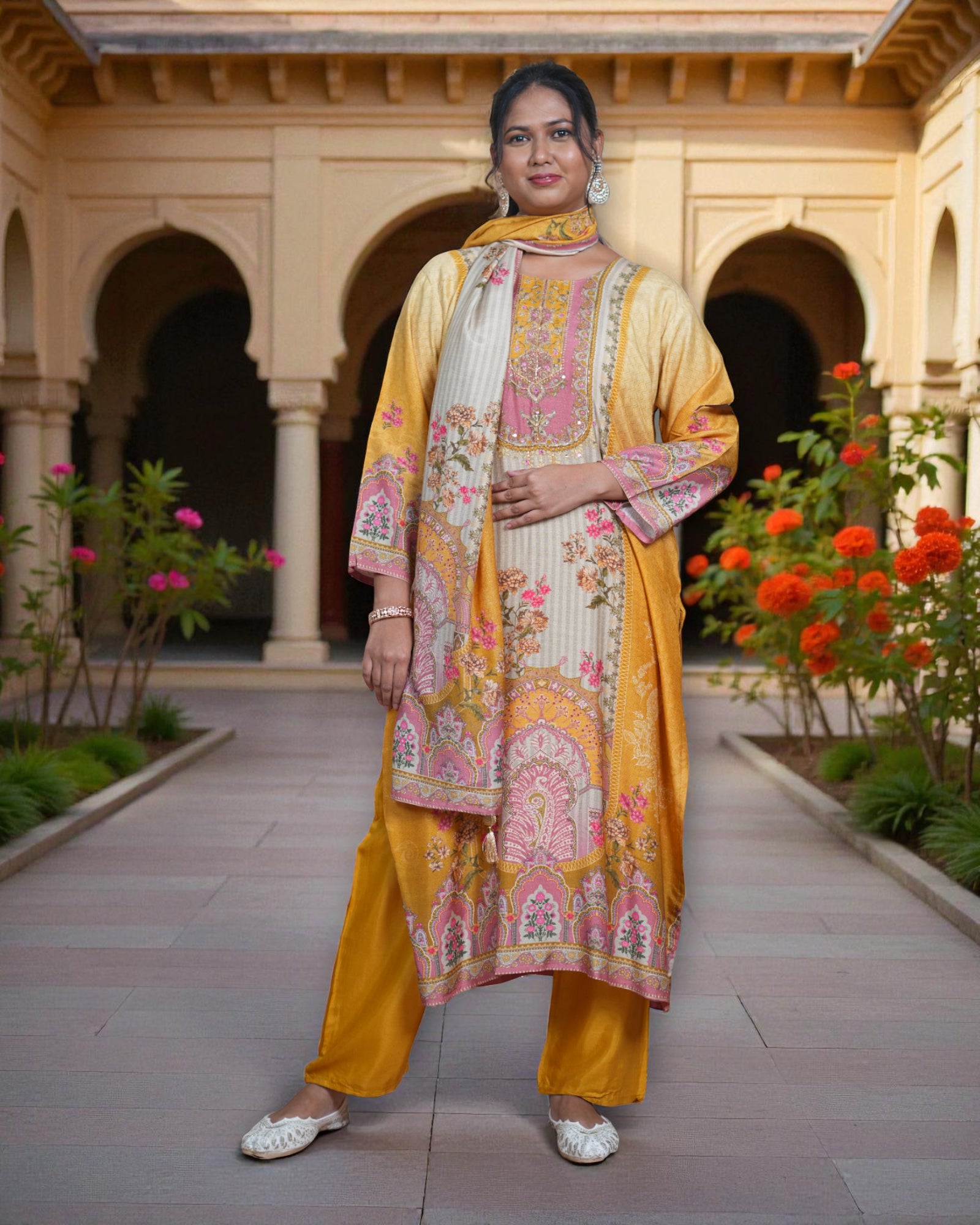 Crepe Silk Kurta Set with Floral Print Dupatta
