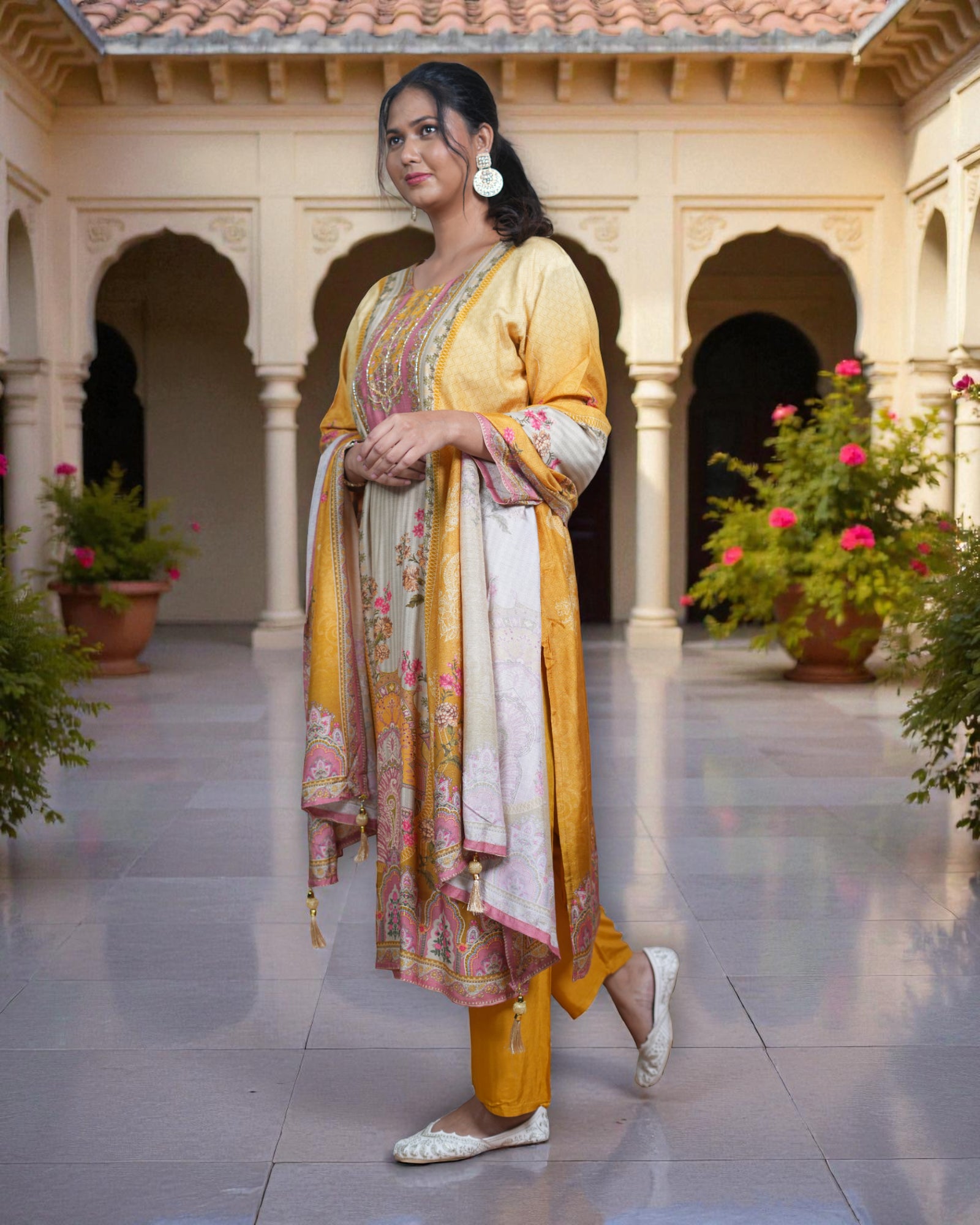 Crepe Silk Kurta Set with Floral Print Dupatta