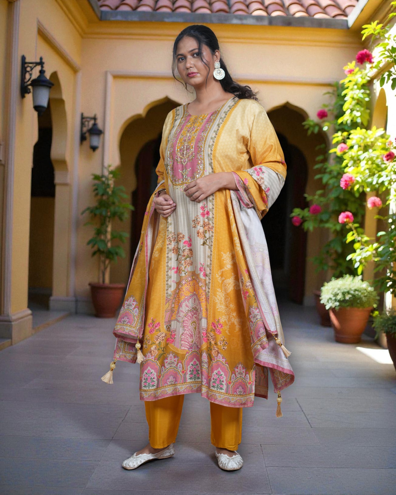 Crepe Silk Kurta Set with Floral Print Dupatta