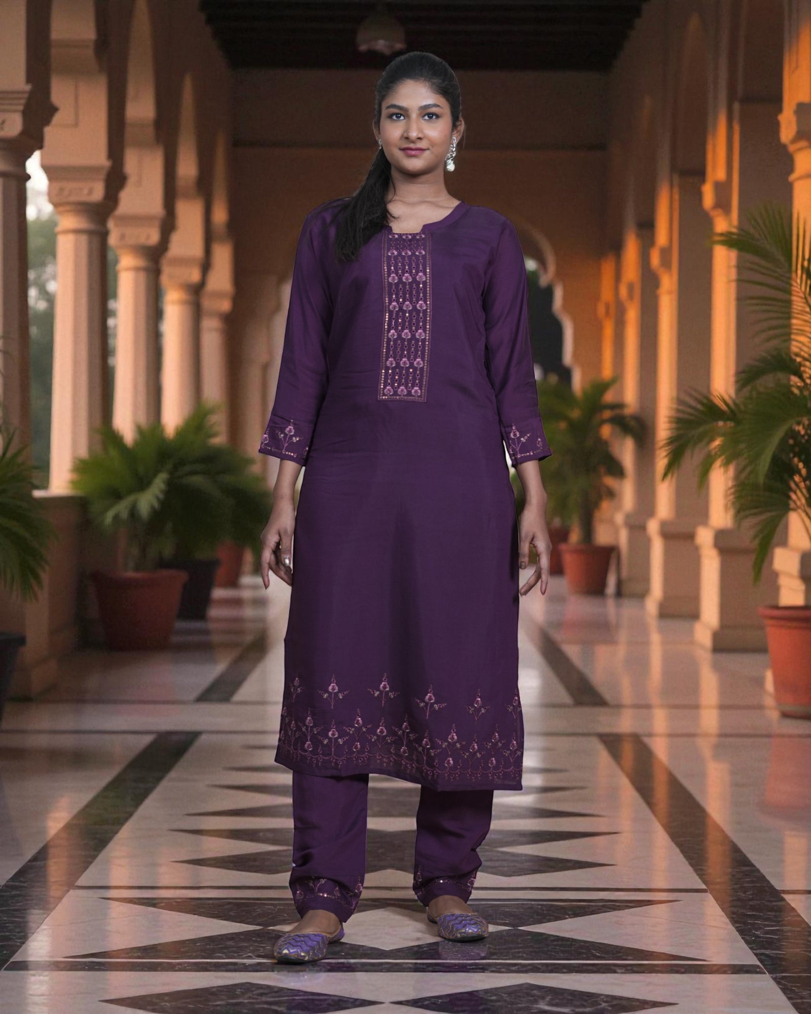 Dark Purple Cotton Sequined Cutwork Kurta Set