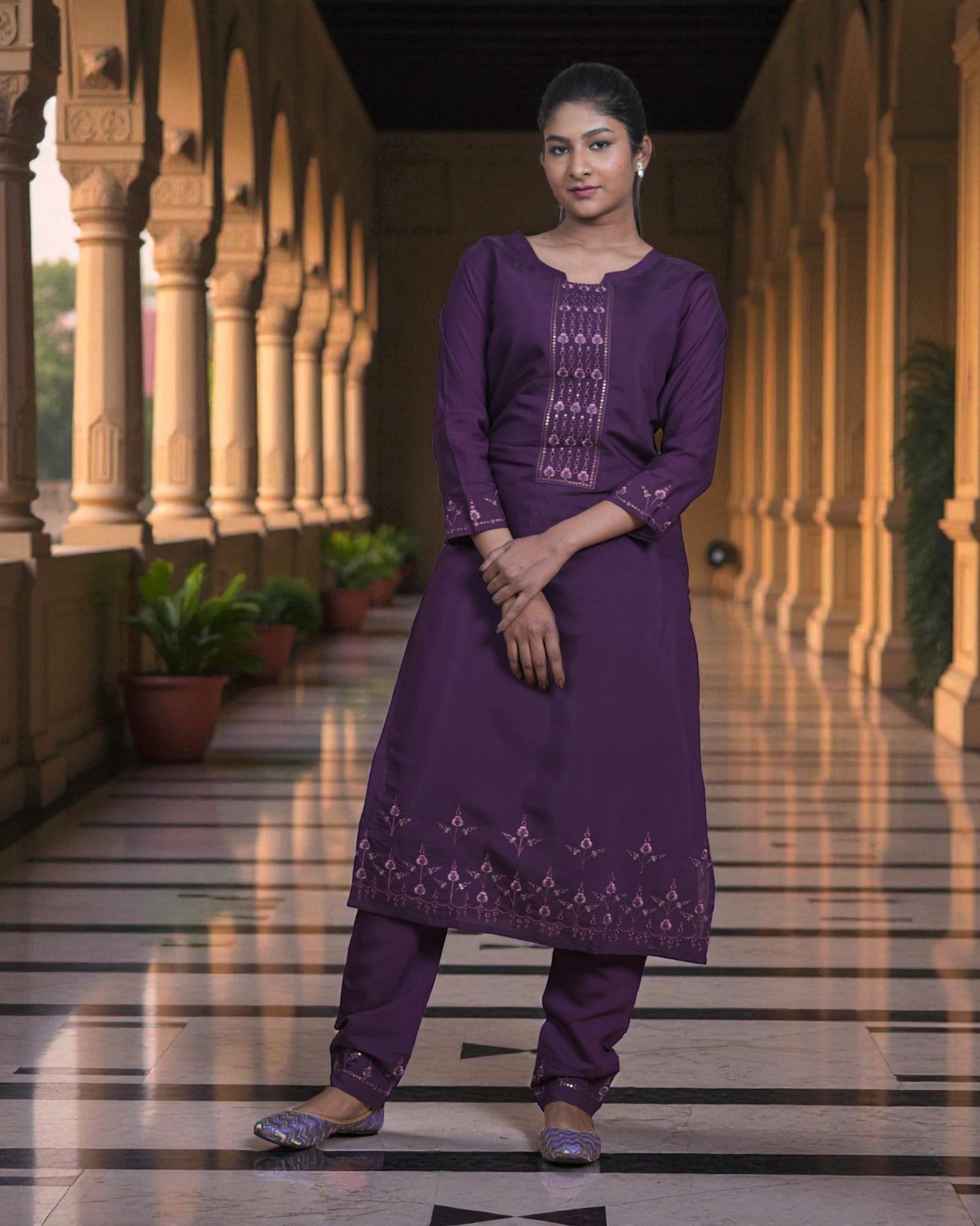 Dark Purple Cotton Sequined Cutwork Kurta Set