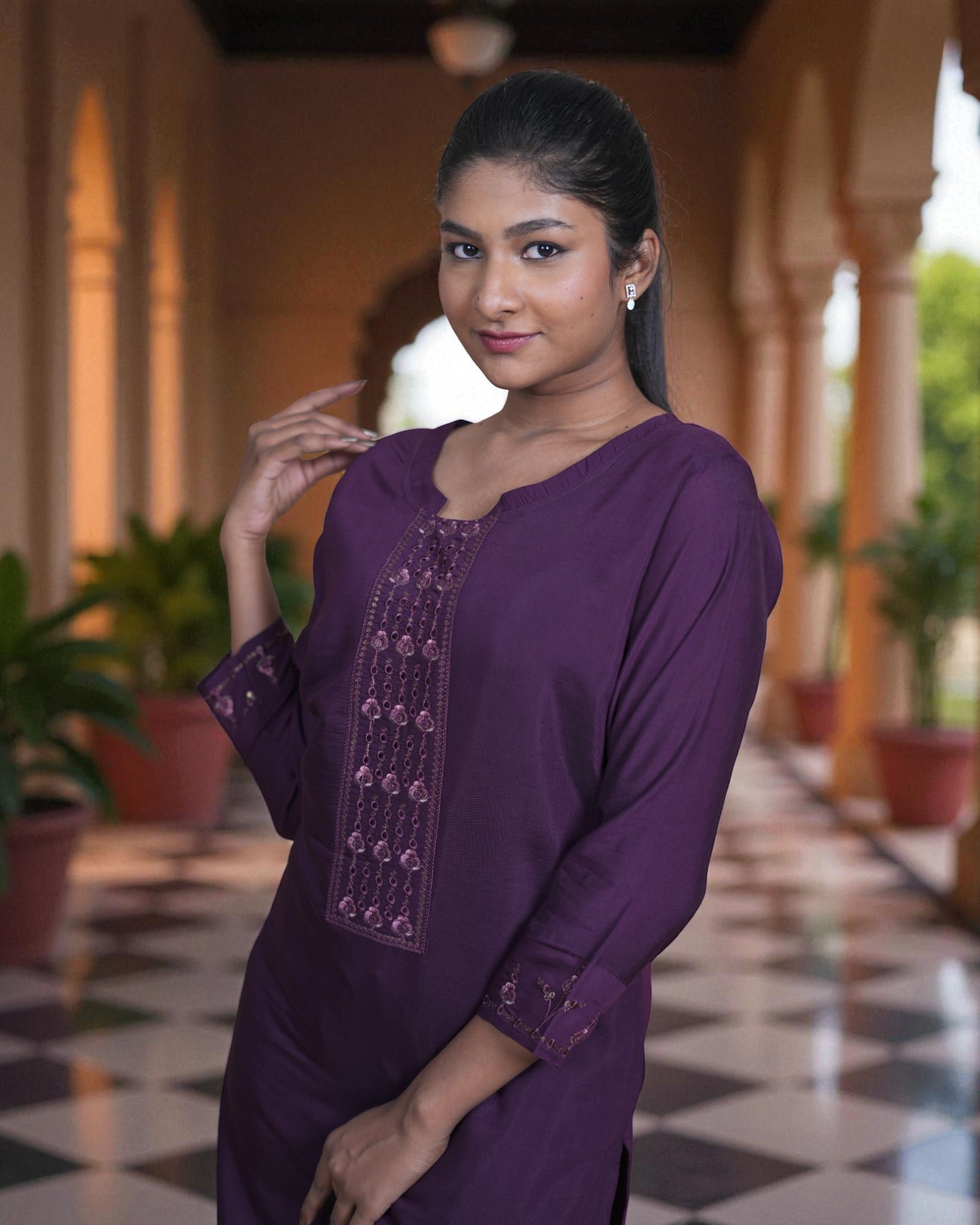 Dark Purple Cotton Sequined Cutwork Kurta Set