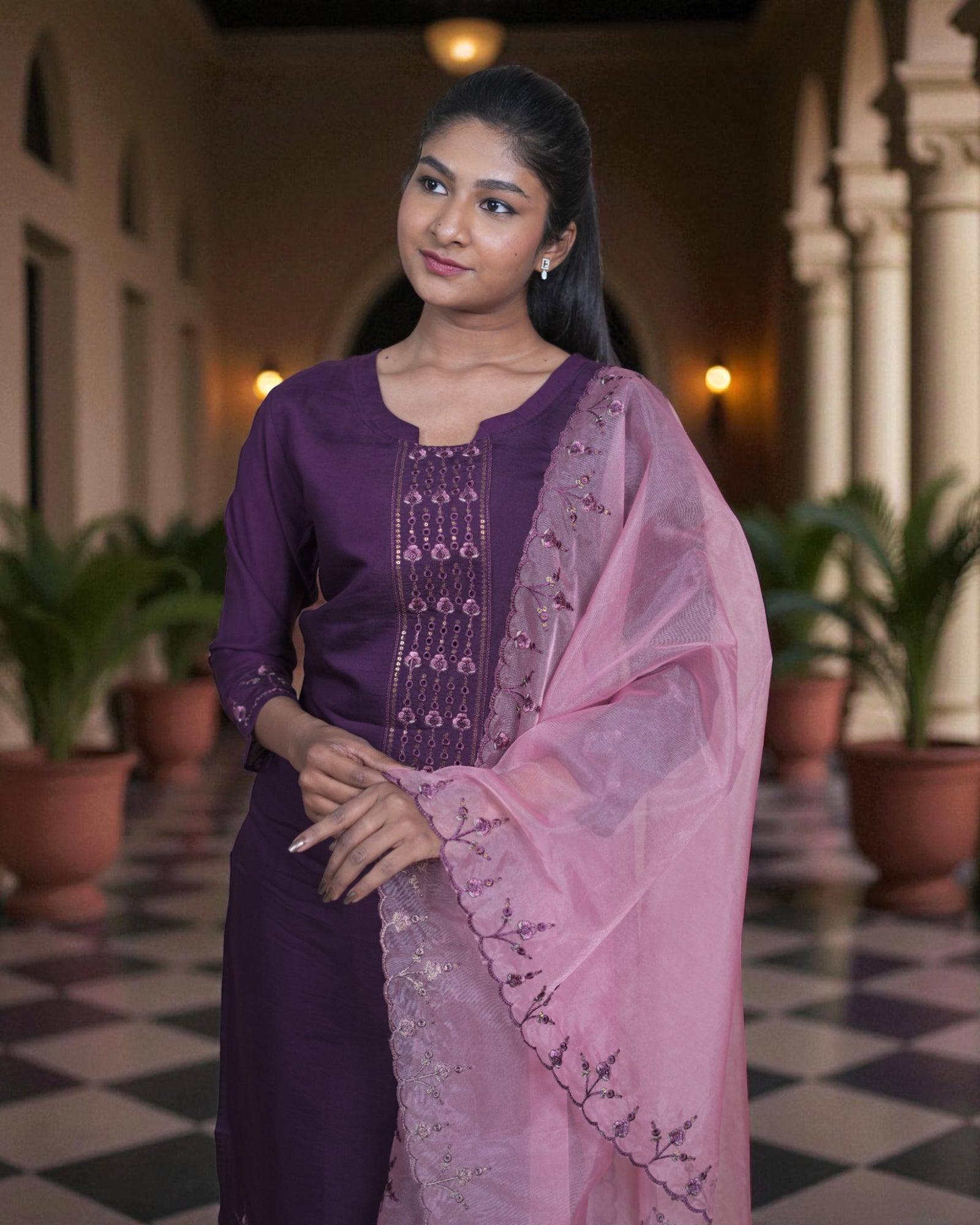 Dark Purple Cotton Sequined Cutwork Kurta Set