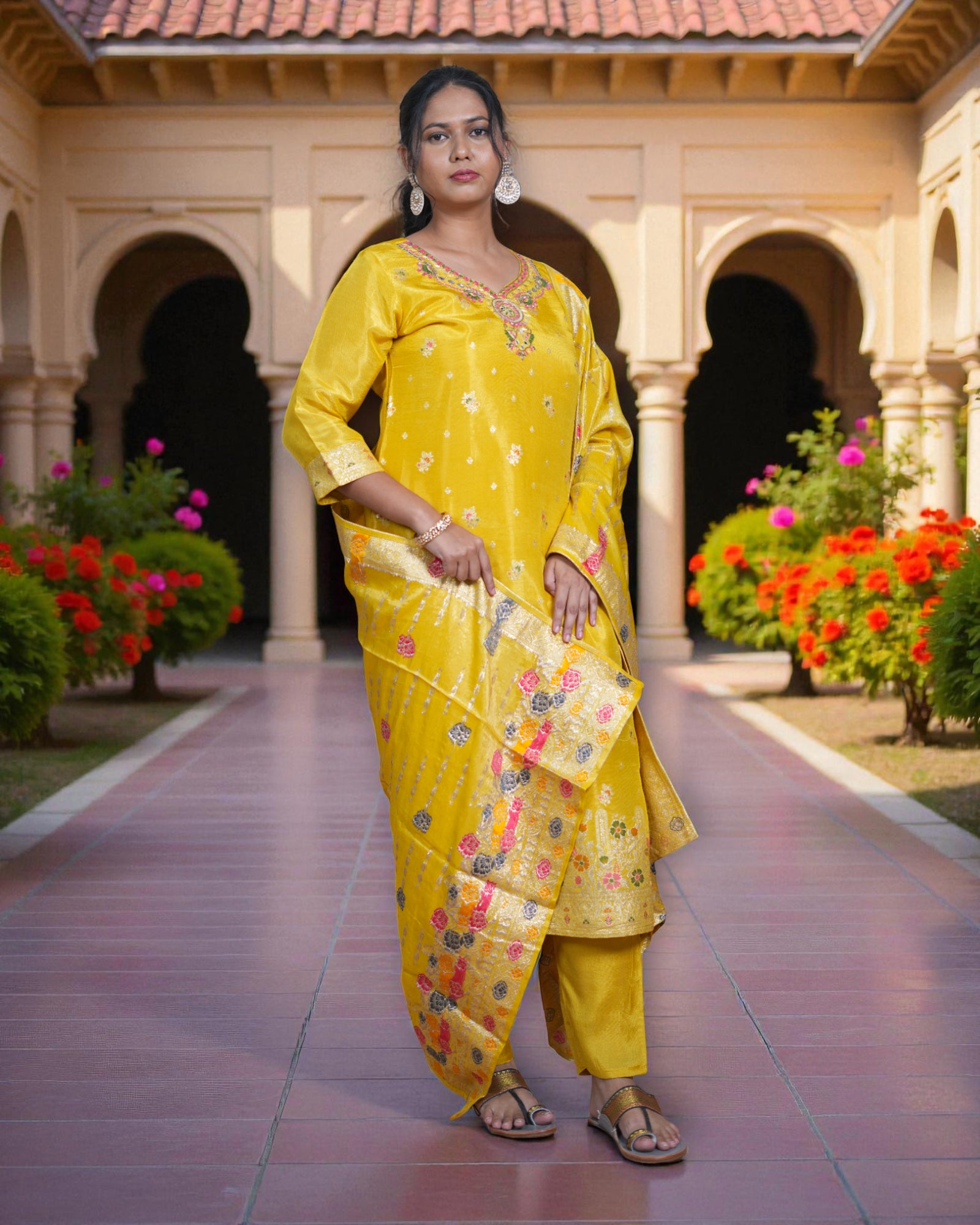 Beige Zardozi Beaded Cotton Kurta Set