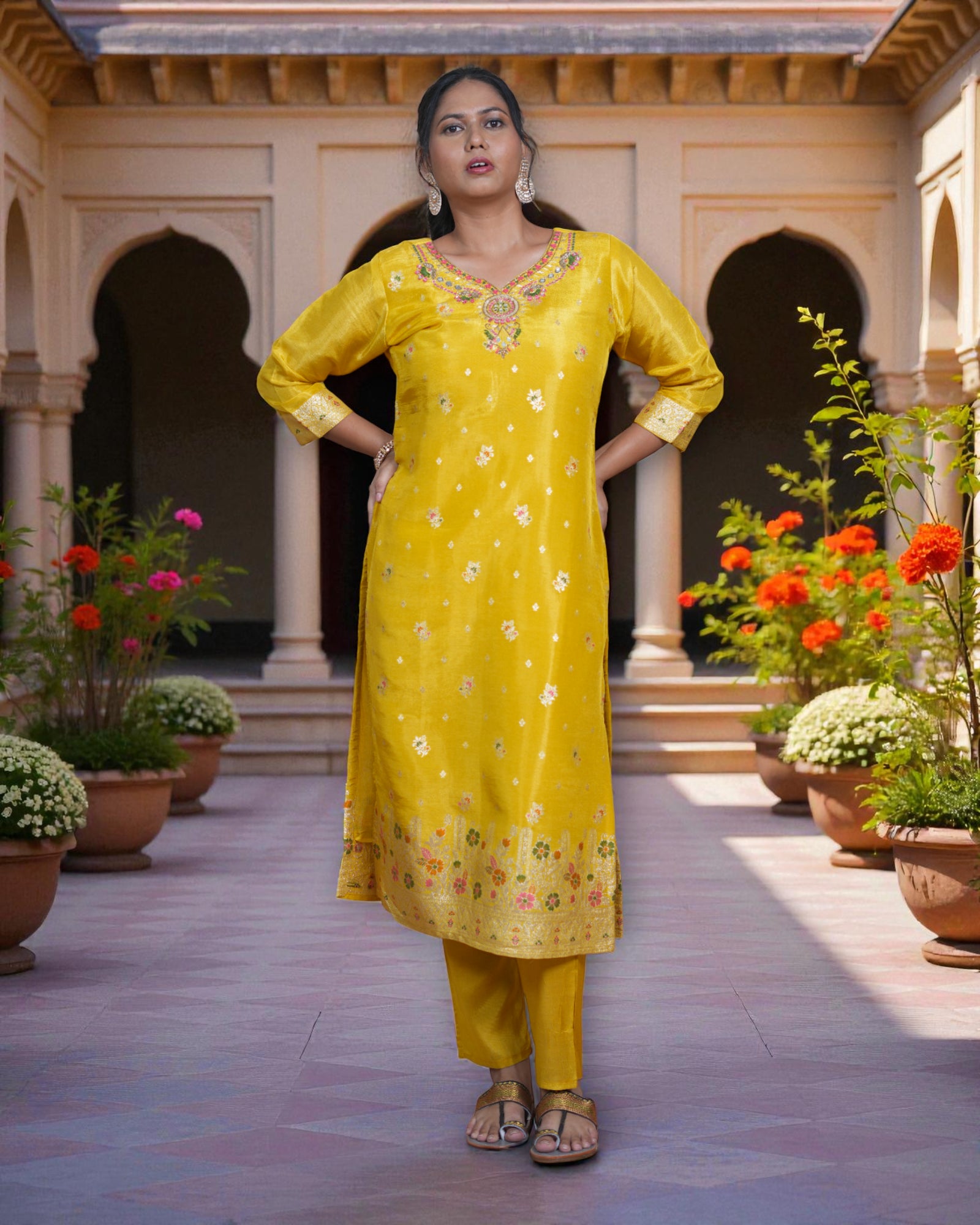 Beige Zardozi Beaded Cotton Kurta Set