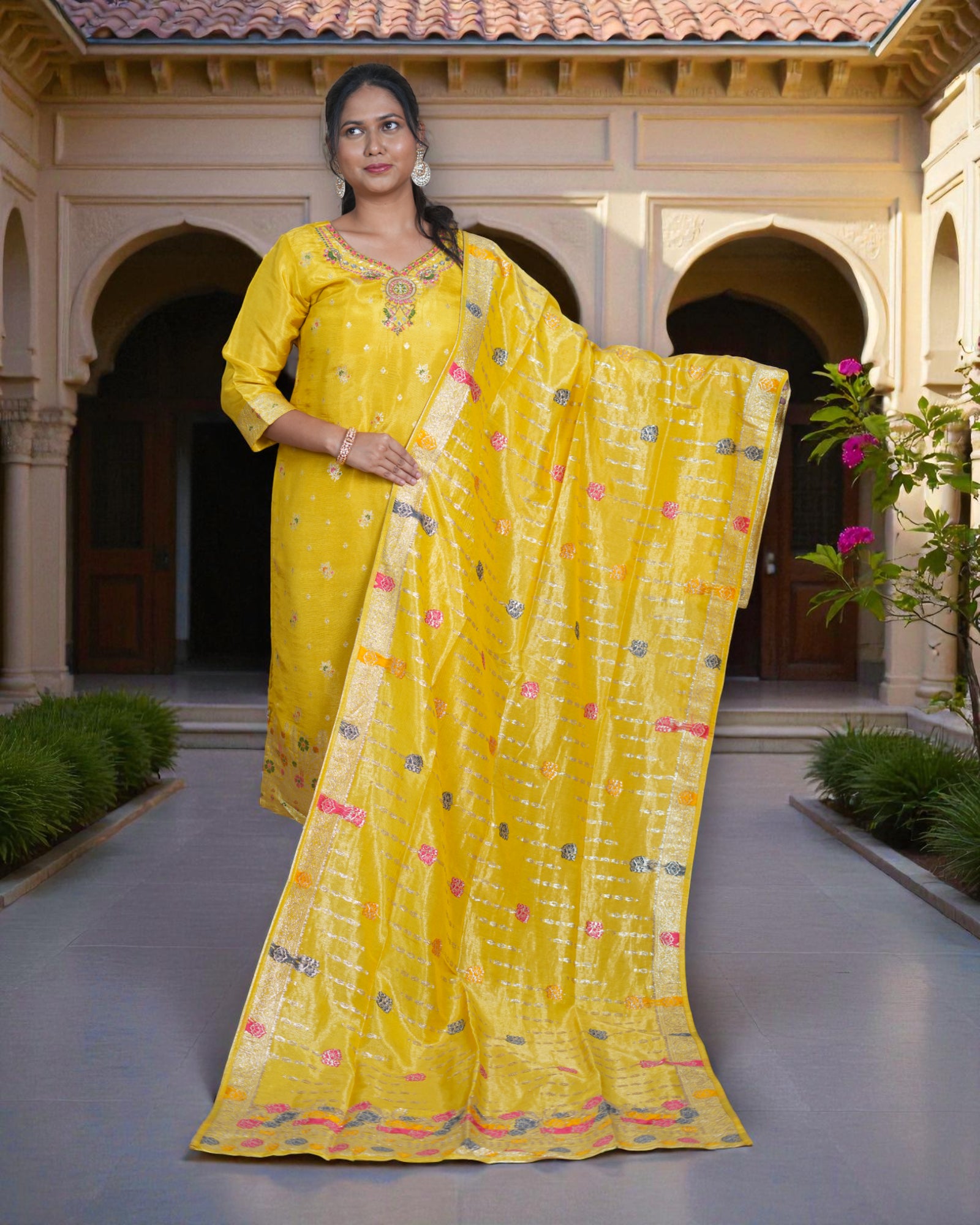 Beige Zardozi Beaded Cotton Kurta Set