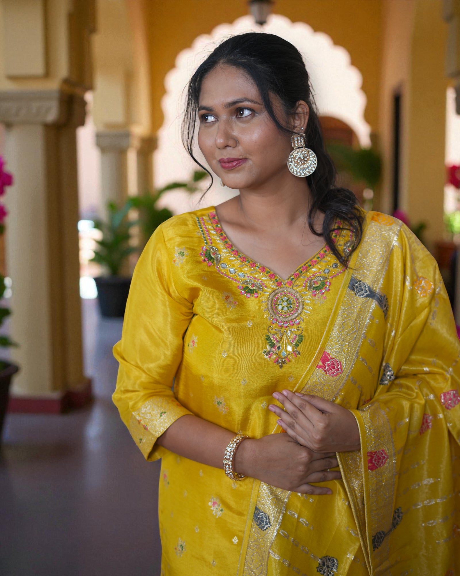 Beige Zardozi Beaded Cotton Kurta Set