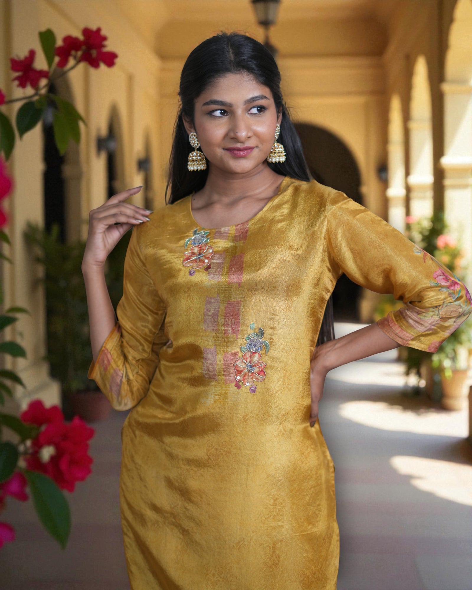 Floral Tissue Kurta Set With Banarasi Dupatta