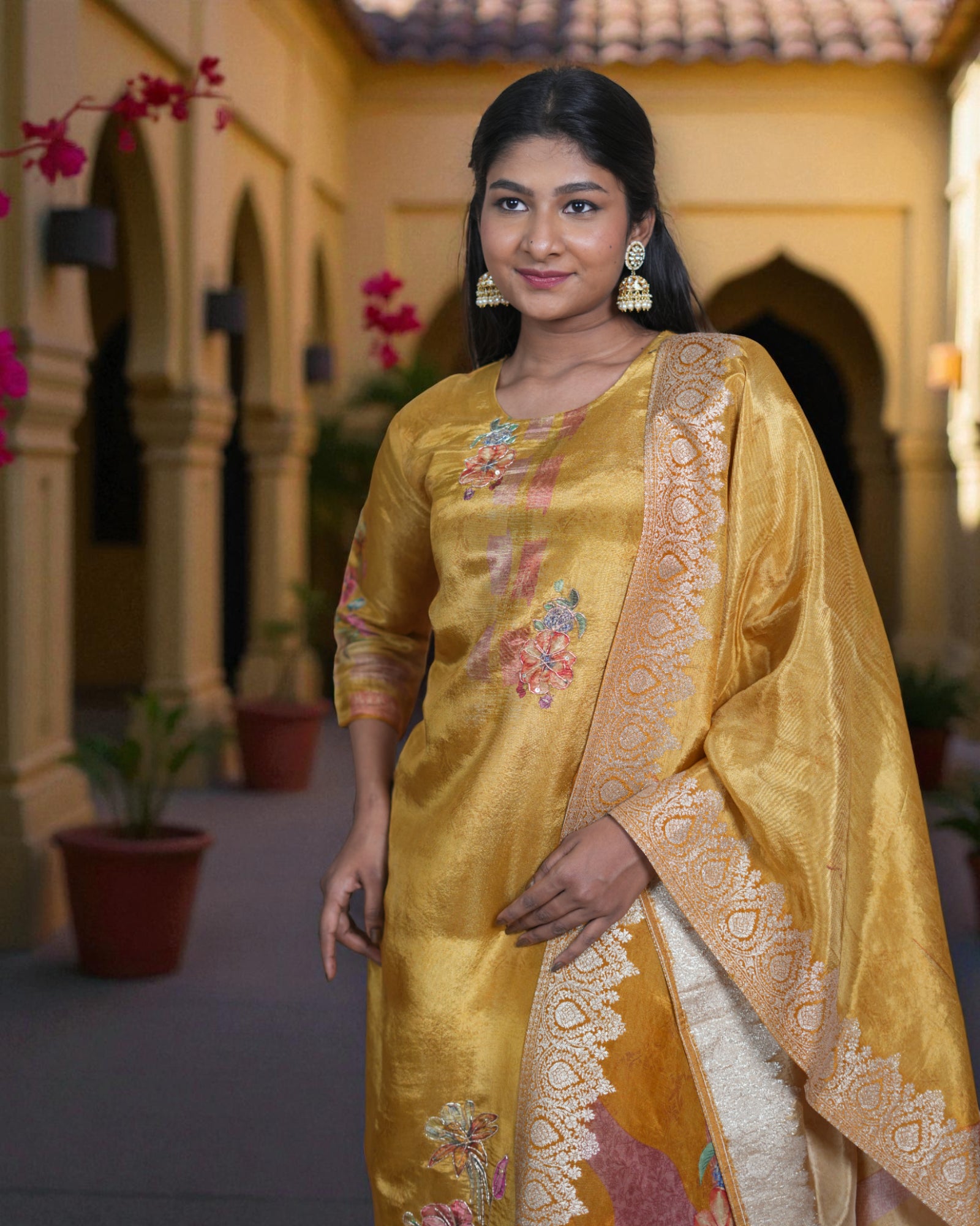 Floral Tissue Kurta Set With Banarasi Dupatta