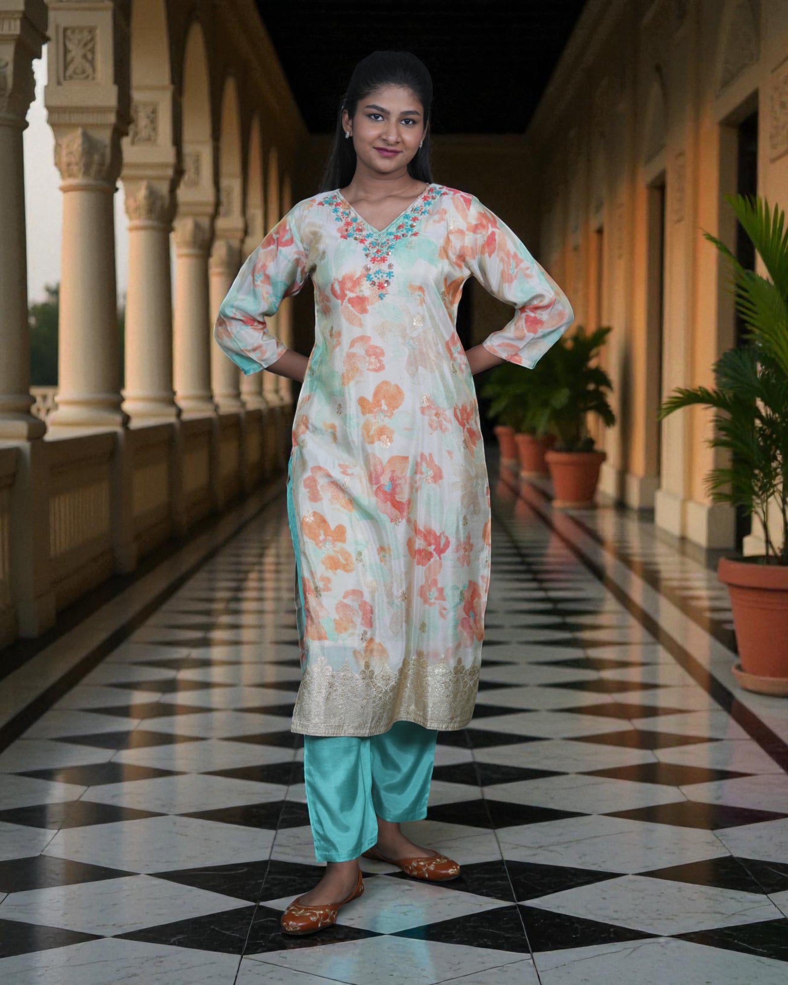 Floral Cotton Embroidered Kurta Set